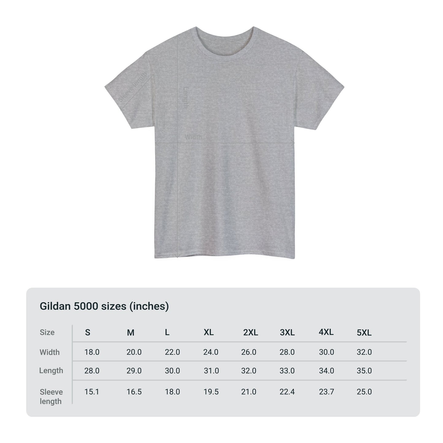 A grey Unisex Grill-Master T-shirt: 2 colors; Cotton; Gildan is shown above a size chart for Gildan 5000, displaying dimensions in inches for sizes S to 5XL, including width, length, and sleeve length measurements. This unisex classic by Printify is proudly Made in America.