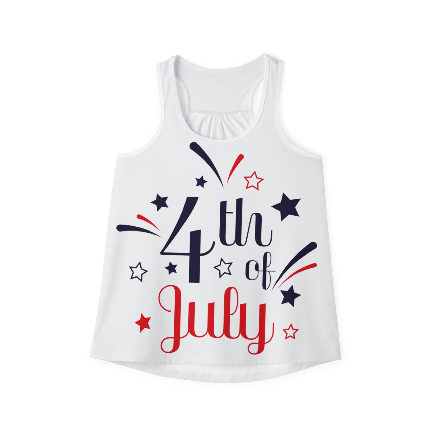 Women's tank top featuring "4th of July" in large red and blue letters with star and stripe designs. Assembled in the USA, this Printify 4th of July Tank-top: Women's; Festive; Polyester blend is perfect for your patriotic celebrations.