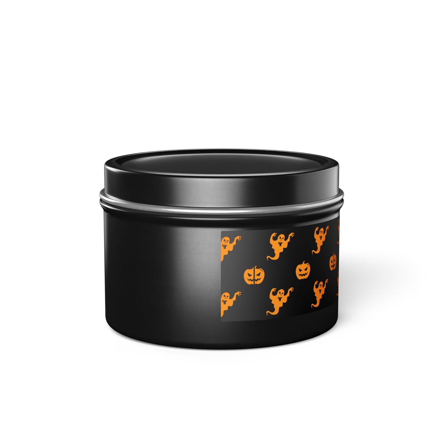 Introducing a Halloween Tin Candle from Printify, featuring a black container adorned with festive orange ghost and pumpkin designs set against a white backdrop. Crafted from coconut soy wax, this candle offers seasonal scents that are perfect for creating an enchanting atmosphere at any haunted celebration.