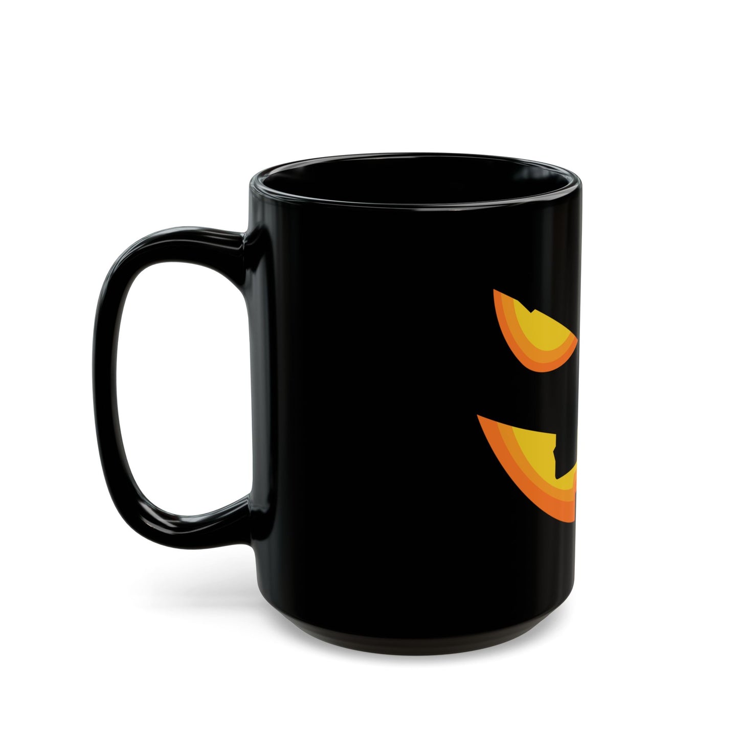 The Printify Halloween Pumpkin Face Mug is a black ceramic mug featuring a vibrant orange and yellow jack-o'-lantern face design on one side.