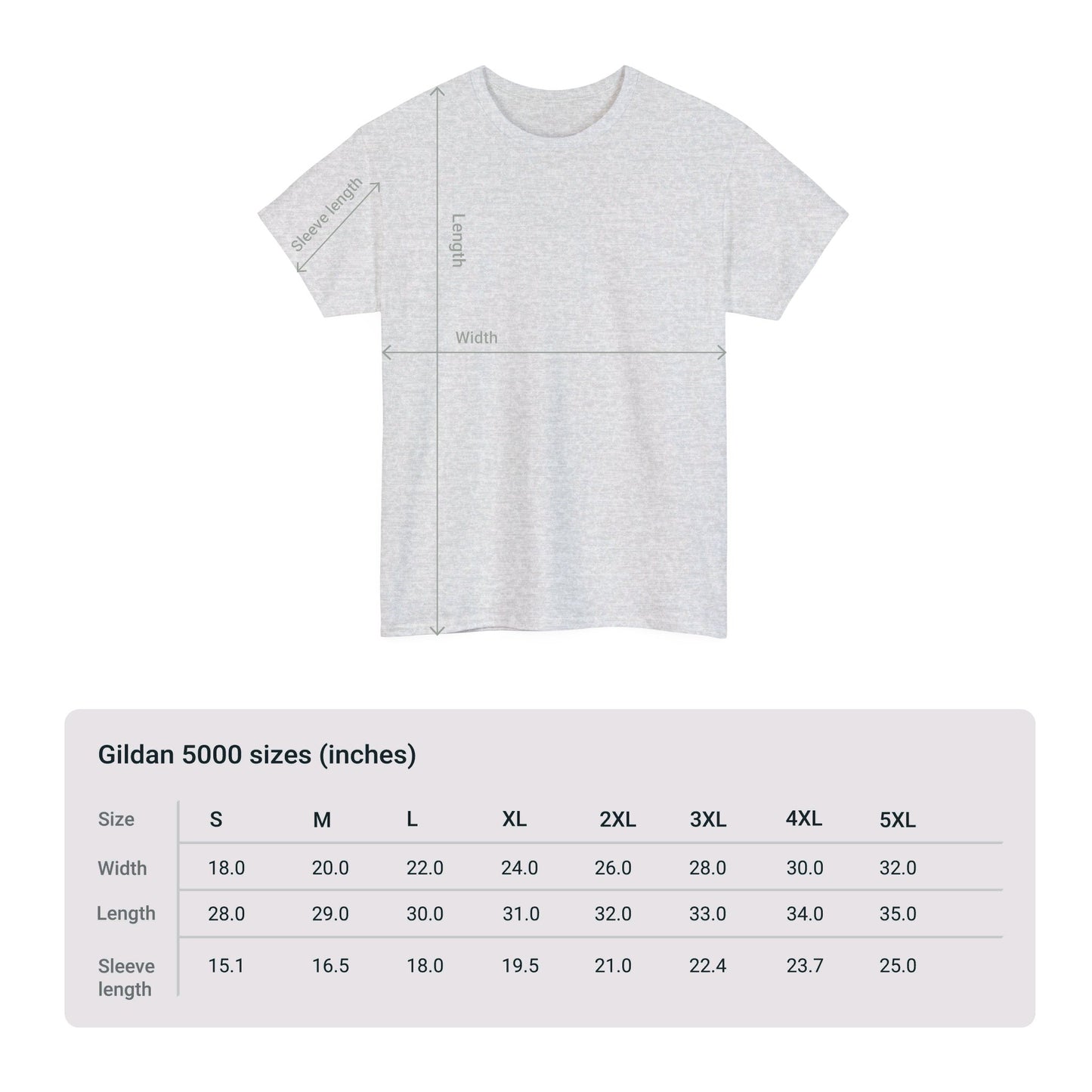 Unisex Patriotic Cat T-shirt by Printify, made from heavy cotton and available in two colors, featuring a size chart for Gildan 5000. Sizes range from S to 5XL with measurements for width, length, and sleeve length in inches.