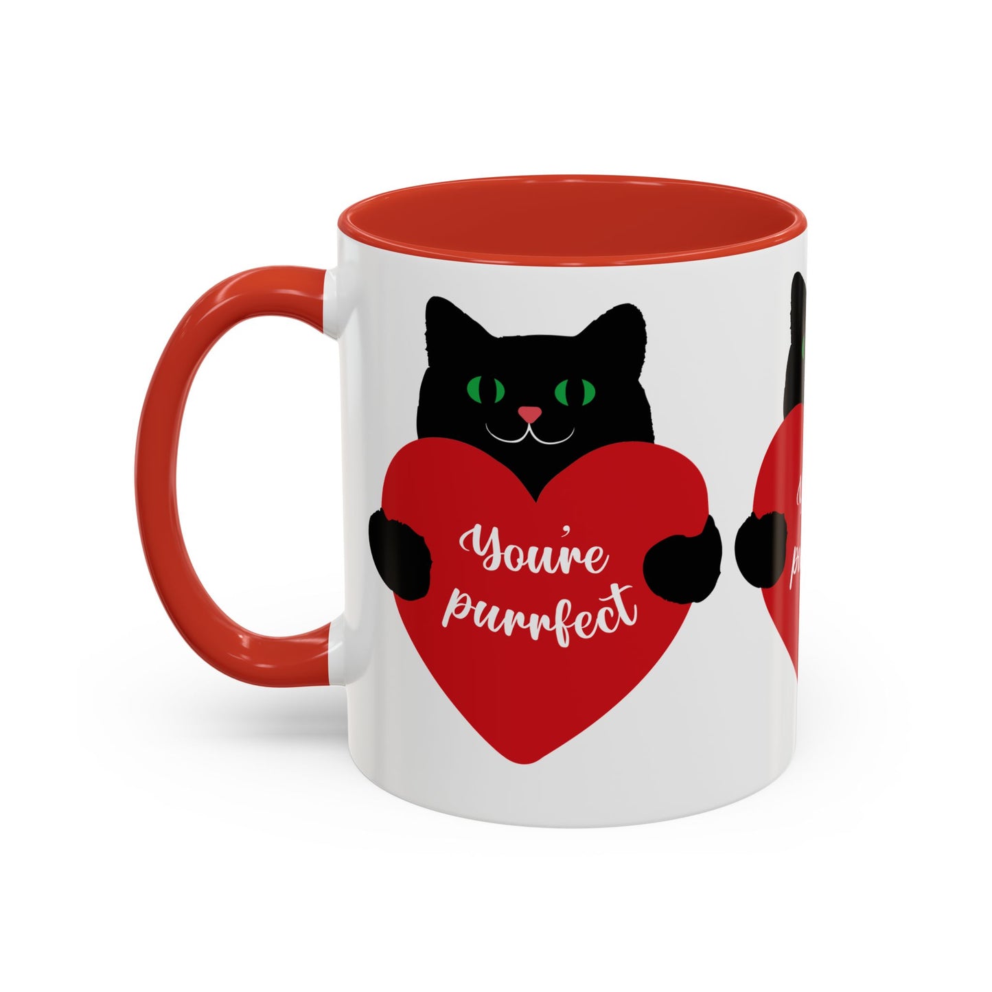 Discover Printify's Purrfect Love Cat-Mug in ceramic, featuring a cute black cat with a heart saying "You're purrfect." Available in two colors and sizes, it's an ideal gift for cat lovers with its vibrant red handle and interior.