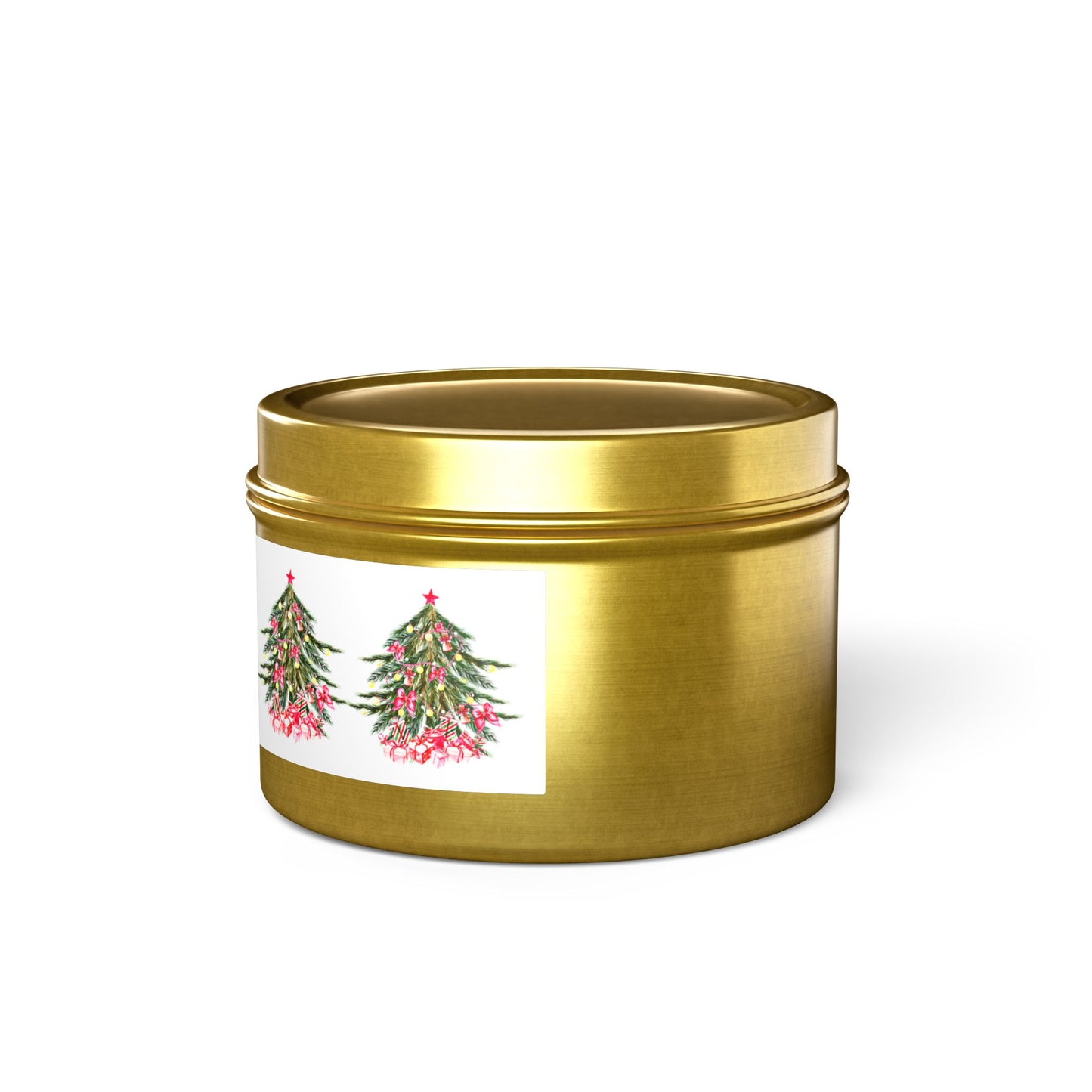 Introducing the Festive Christmas Tin-Candles by Printify, available in two sizes and infused with a delightful Evergreen scent. This reusable gold tin vessel is adorned with a label depicting two Christmas trees, adding to its seasonal charm. Filled with eco-friendly coconut soy wax, it makes for the perfect holiday accessory.
