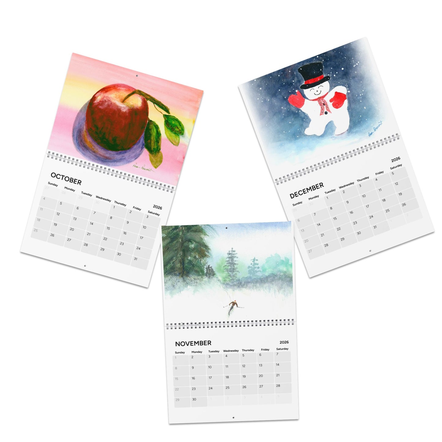 Three calendar pages for October, November, and December with seasonal illustrations.