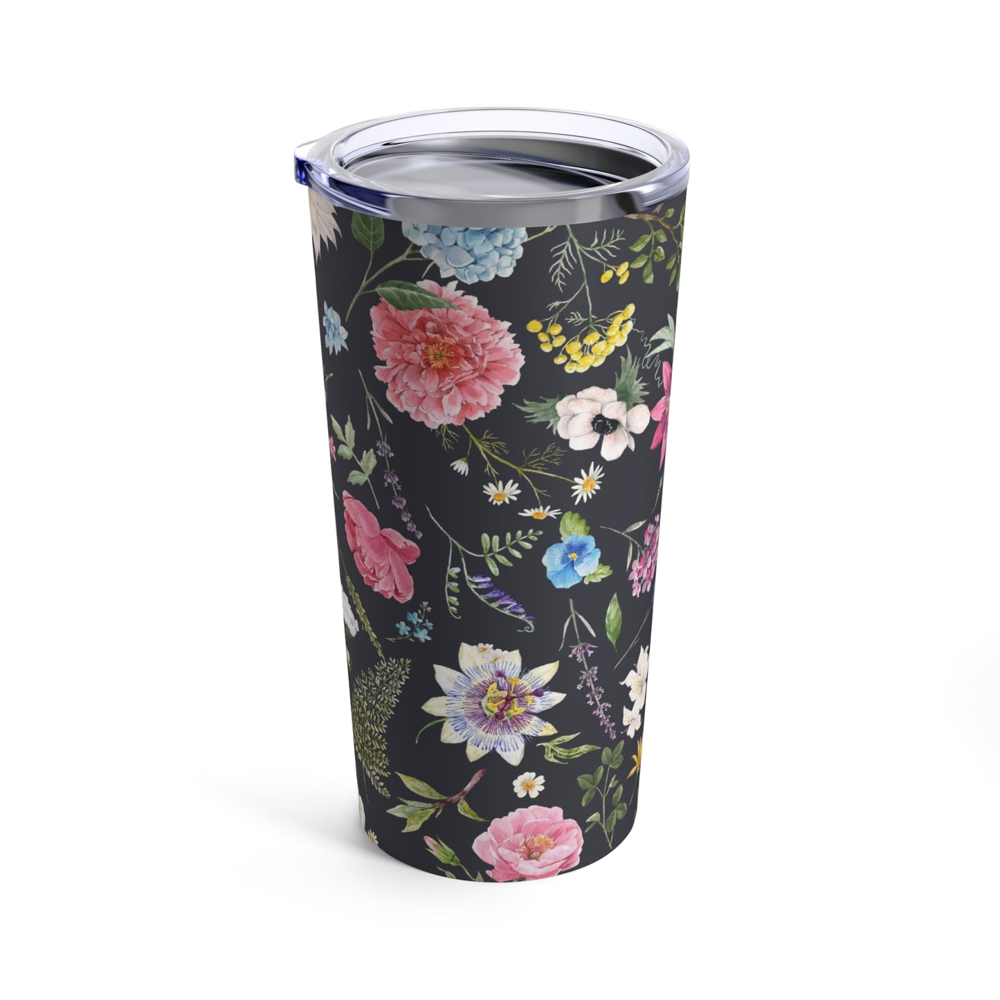 A black and white Printify Flower Garden Tumbler: 20 oz., stainless steel; insulated cup with a lid.