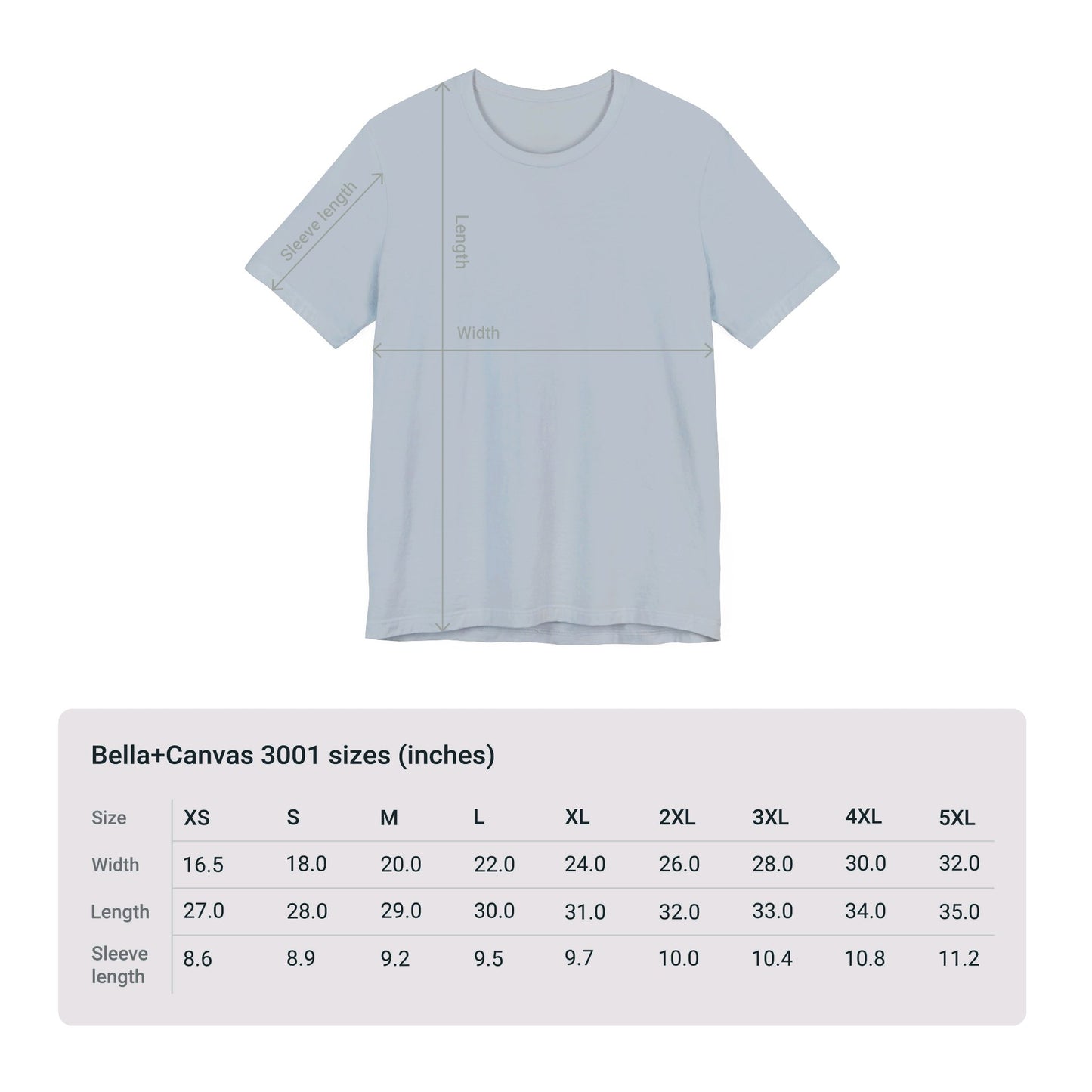 A blue Unisex Smart Cat-Lady T-shirt from Printify, made of cotton and available in four colors, featuring measurements for width, length, and sleeve length. Below is a size chart for the Bella + Canvas t-shirt in sizes XS to 5XL with dimensions listed in inches.