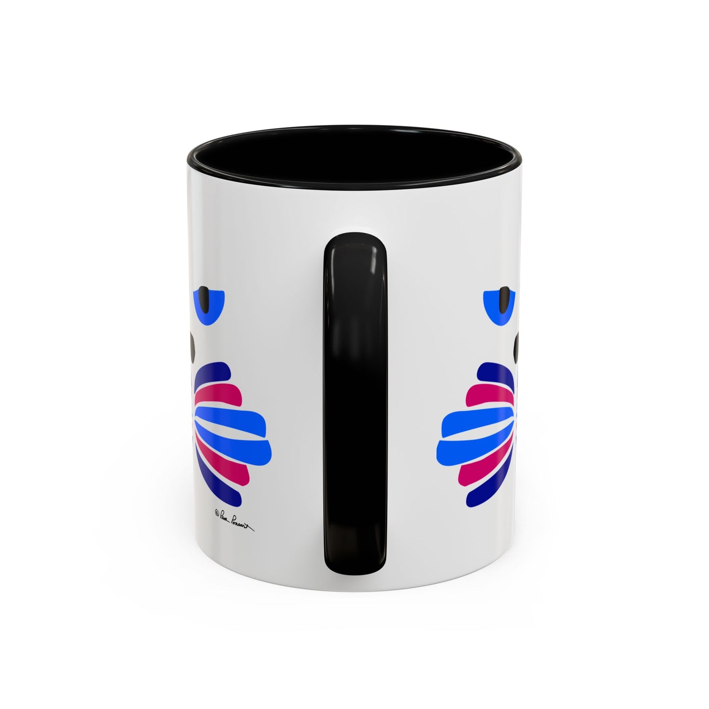 Introducing the Printify Cat-Face Coffee Mug, a white ceramic mug available in two sizes, featuring a black handle and abstract blue and pink designs on the sides. With its playful "Catitude" vibe, it's the perfect gift idea for cat lovers.