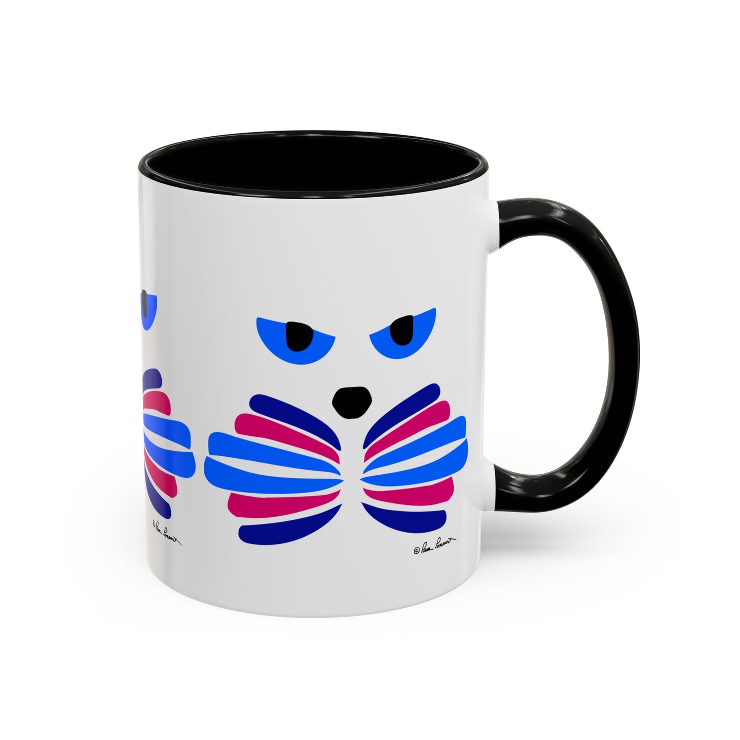 The Printify Cat-Face Coffee Mug is an ideal gift for cat enthusiasts, featuring a minimalist cat face design in blue and pink on a sleek white ceramic mug with a black handle. Add some Catitude to your morning routine!