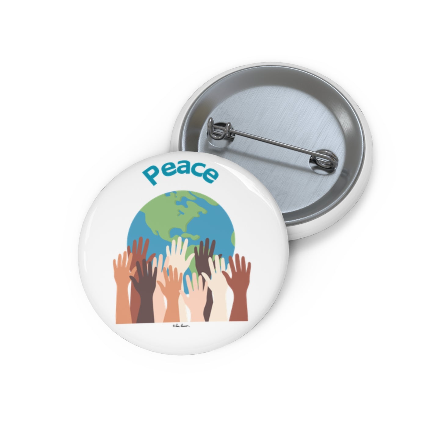 A Printify Unisex World-Peace Button, featuring the word "Peace" above a globe and diverse raised hands beneath it, is shown open to reveal the pin mechanism on its backside. The lightweight metal button is available in three sizes and proudly made in America.