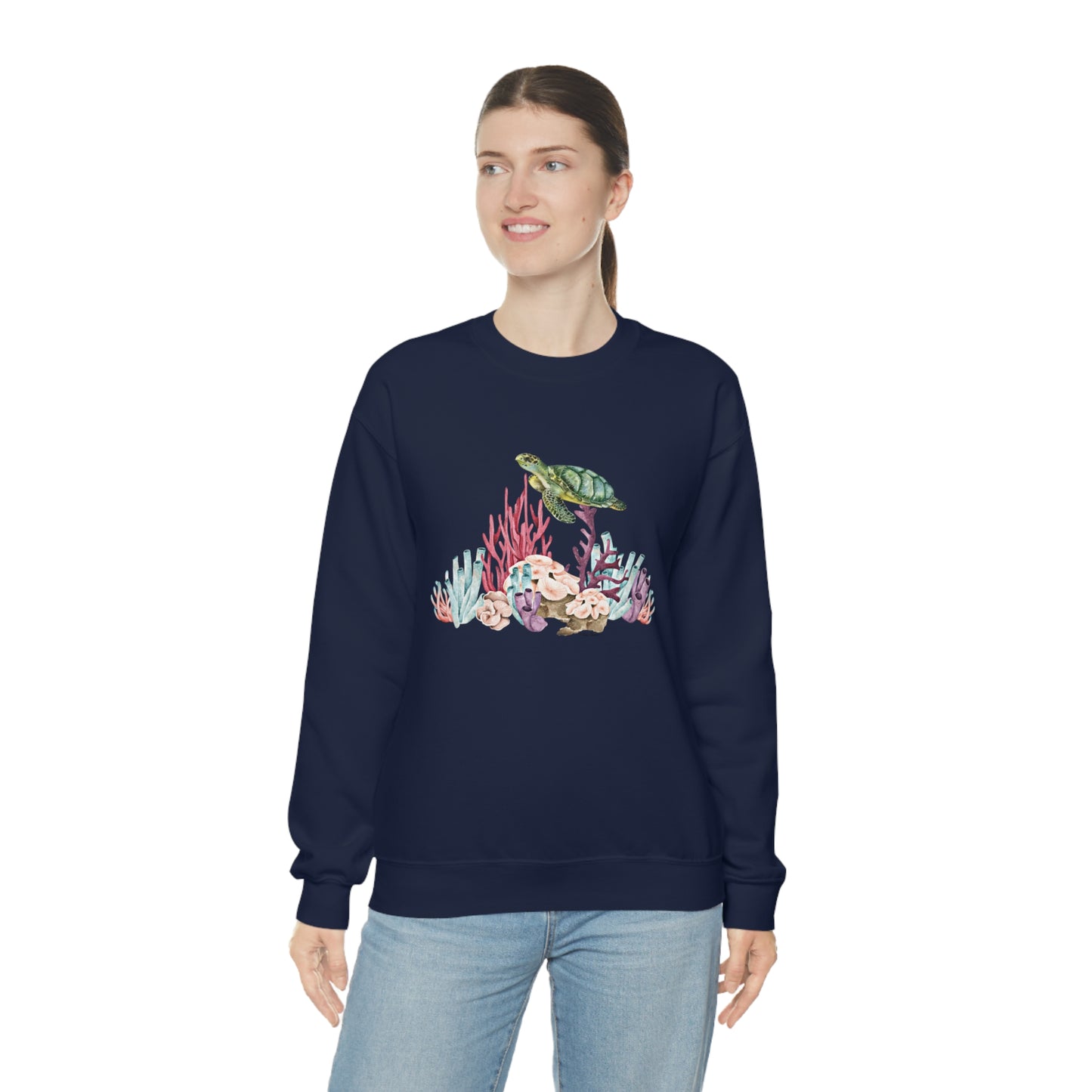 Mock up of a tall woman wearing the Navy blue shirt