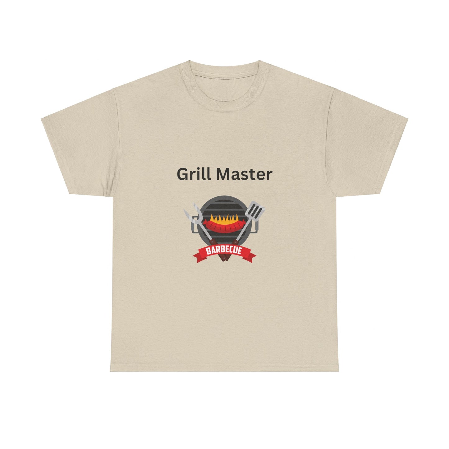 Beige Unisex Grill-Master T-shirt: 2 colors; Cotton; Gildan by Printify with "Grill Master" text above a graphic of a grill, utensils, and a red banner that reads "Barbecue." Unisex and proudly made in America.