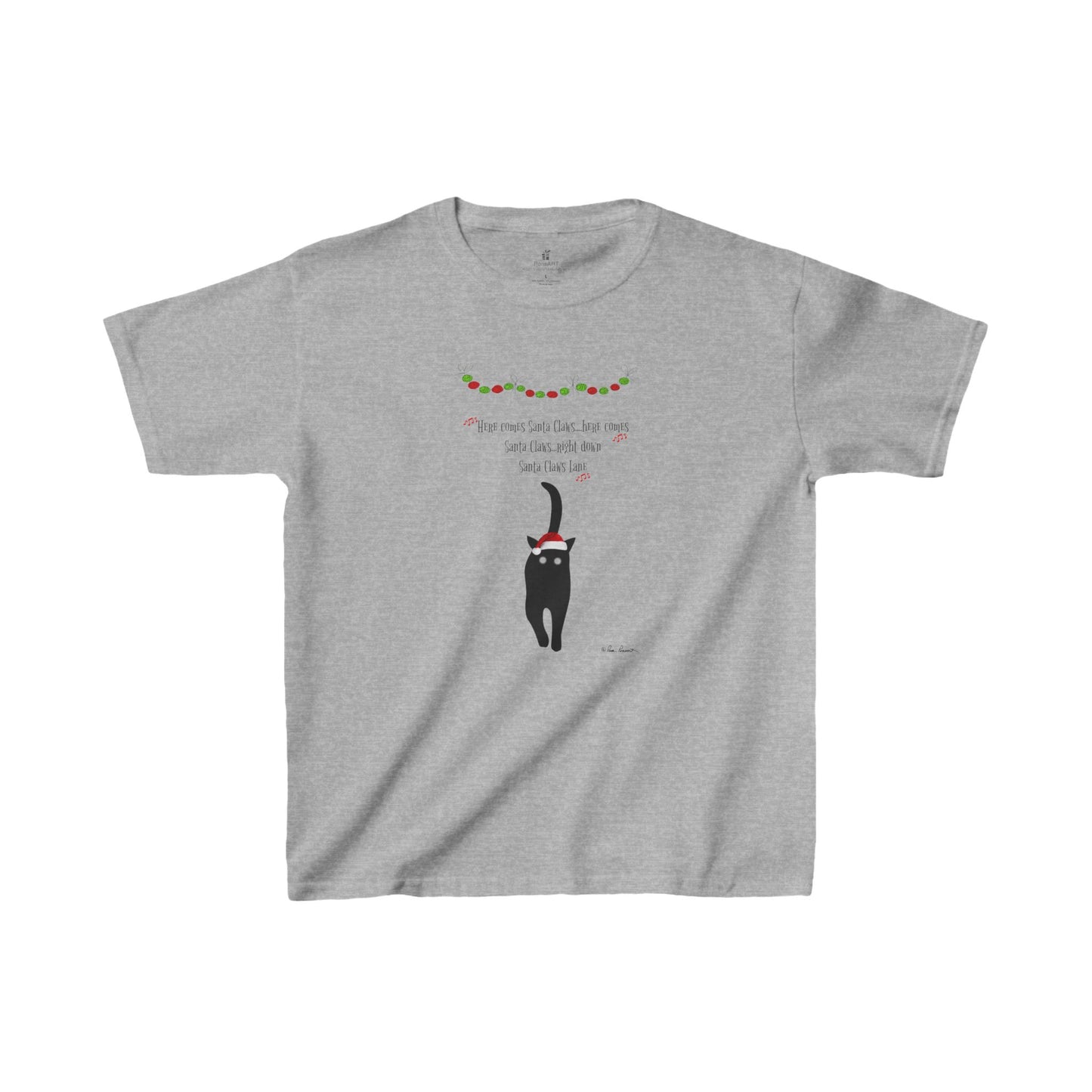 The Festive Kids Holiday T-shirt from Printify, featuring the "Santa Claws" design, presents a charming black cat adorned with a Santa hat and mistletoe, humorously captioned with "Dear Santa, I can explain." Made from ethically sourced cotton by Gildan, this unisex t-shirt combines comfort and style for the holiday season.