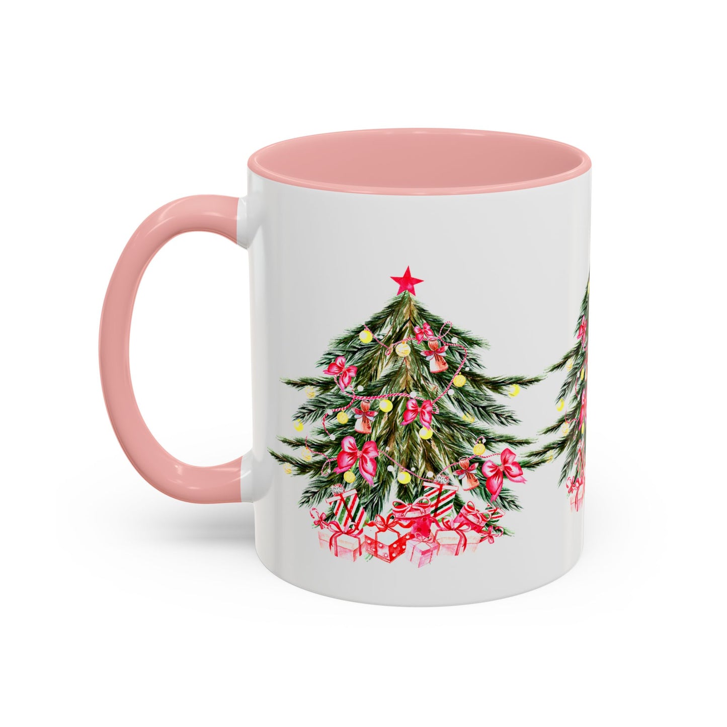 Embrace the holiday spirit with Printify's Festive Christmas-Tree Coffee-Mug. This delightful ceramic mug, available in 11 or 15 oz. sizes, features a pink handle and a charming design of decorated holiday trees and presents. Ideal for enjoying your favorite brew during the festive season!