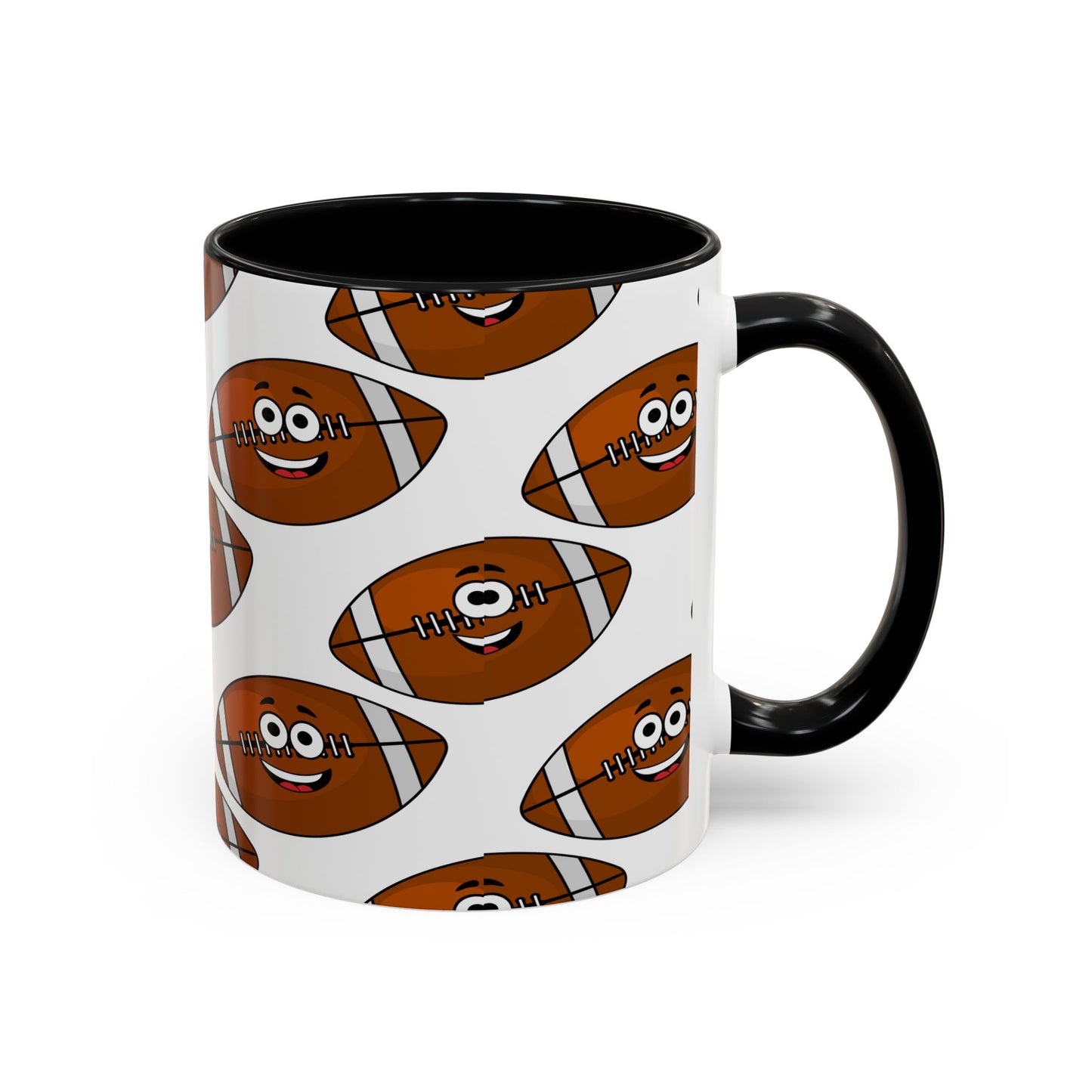 Introducing the Printify Happy Football-Faces Mug, an 11 oz. BPA-free ceramic mug in white with a black handle, featuring a pattern of smiling cartoon footballs in vibrant colors.