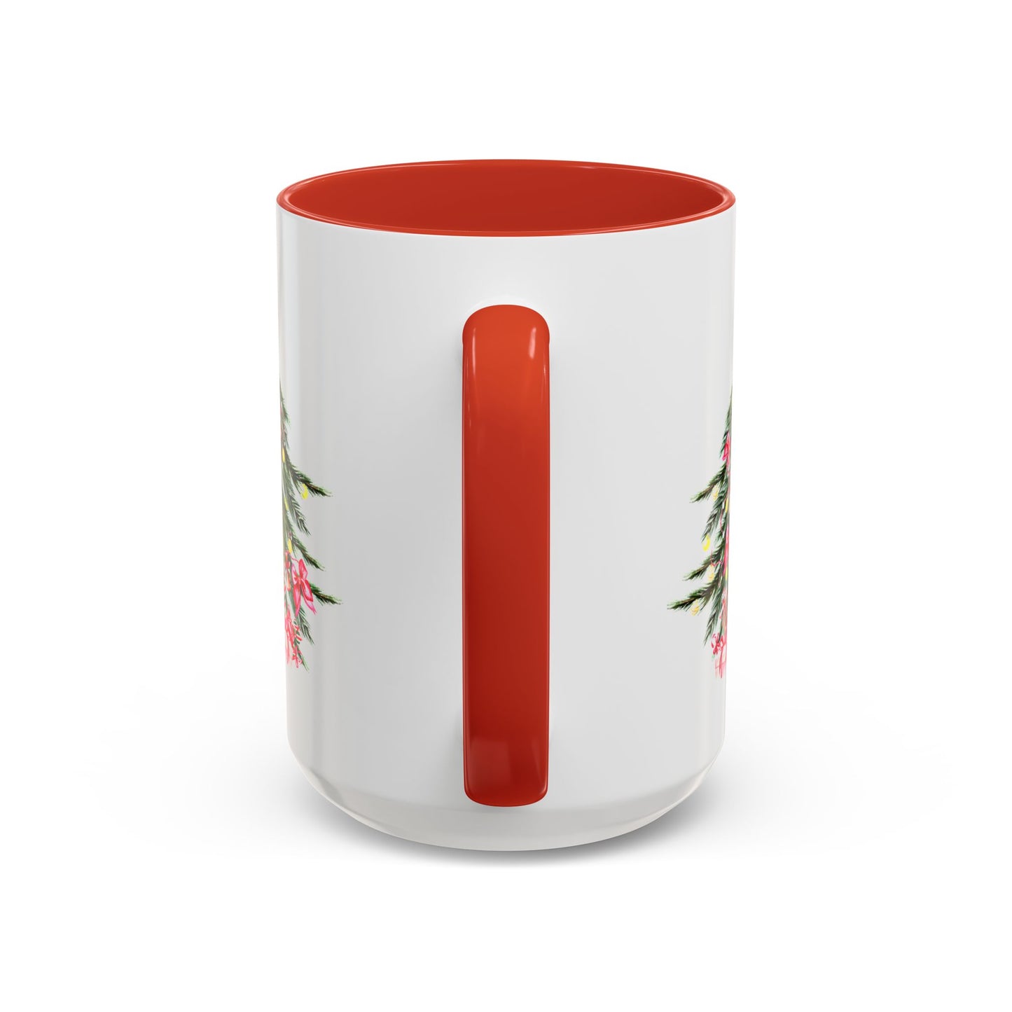 Printify's Festive Christmas-Tree Coffee Mug, available in both 11 oz. and 15 oz. sizes, is a ceramic mug with a white exterior, showcasing floral designs on the sides, complemented by a red interior and handle.