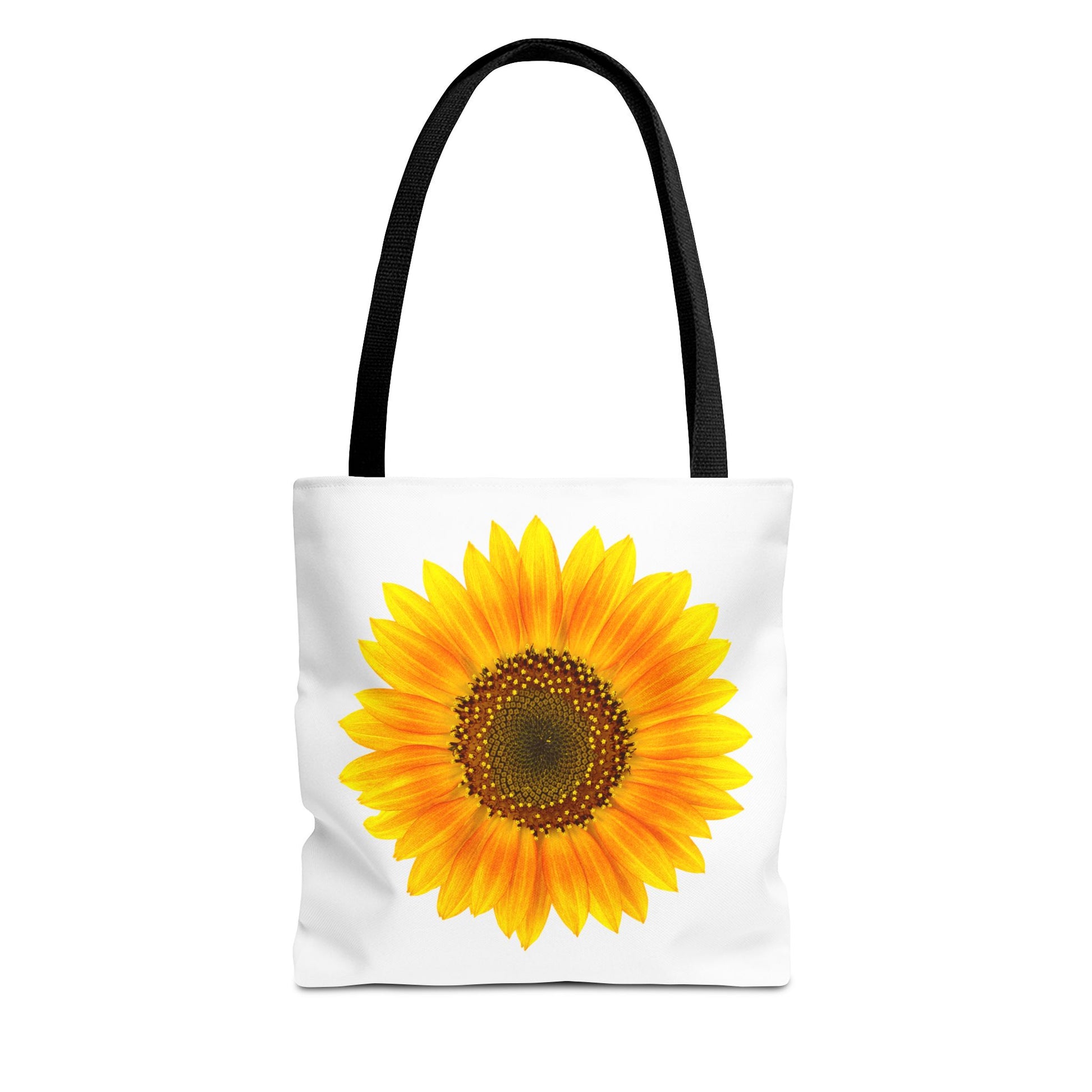 Introducing Printify's Sunflower Tote Bags, available in 3 sizes with a polyester build and 2-sided print. These white bags with black handles boast a stunning sunflower design, capturing nature's vibrant vibe for any season.