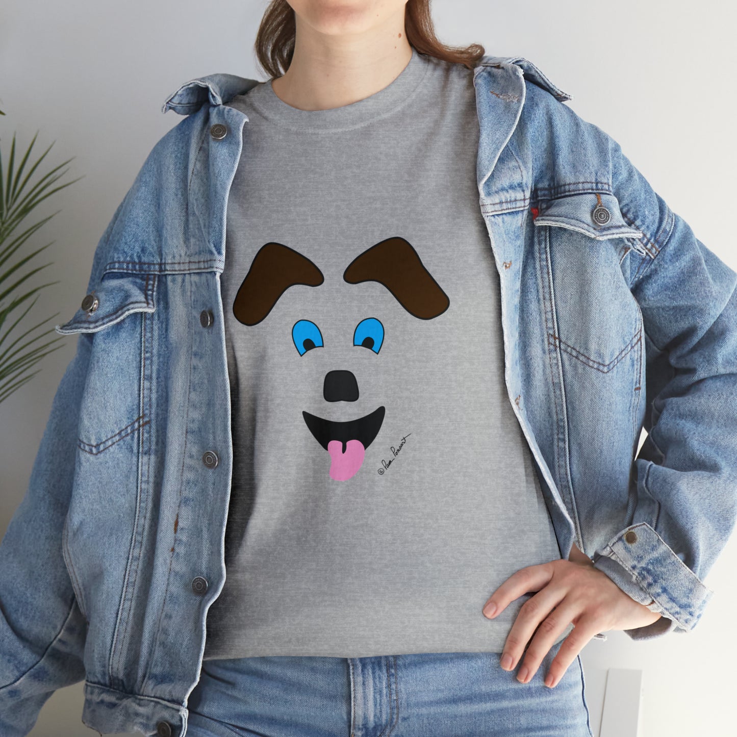 Mock up of a woman wearing the Sport Grey shirt under a denim jacket