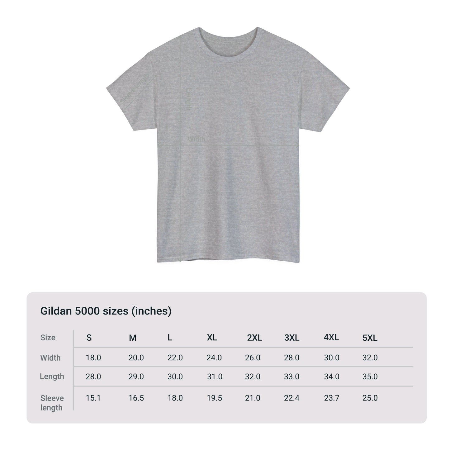 Unisex Patriotic Cat T-shirt in grey by Printify, made from heavy cotton. The size chart displays measurements in inches for Gildan 5000 shirts, ranging from size S to 5XL, with width, length, and sleeve length listed for each size.