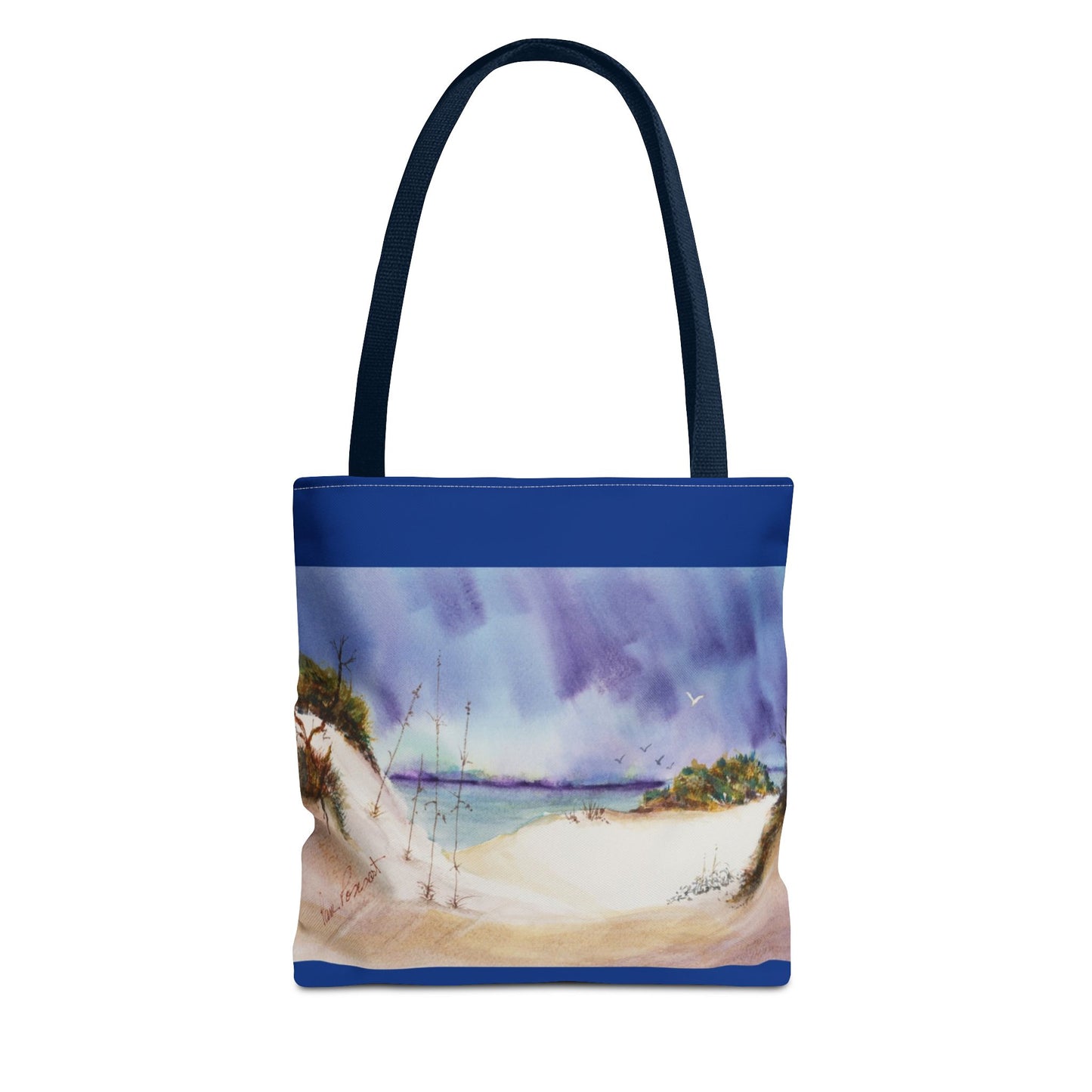 The Seaside Tote Bag by Printify, a perfect summer companion, features a beach scene with sand dunes, ocean waves, and a cloudy sky with rainbow. Available in 3 sizes and made of polyester with a 2-sided print.