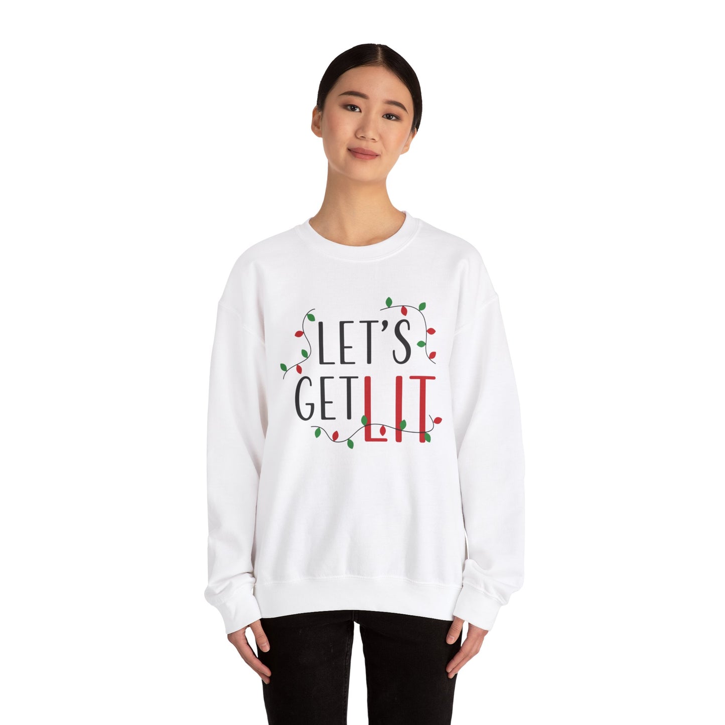 Someone is wearing a Holiday Unisex Sweatshirt by Printify, made with a Gildan medium-heavy fabric blend, showcasing the phrase "LET'S GET LIT" surrounded by decorative holiday lights.