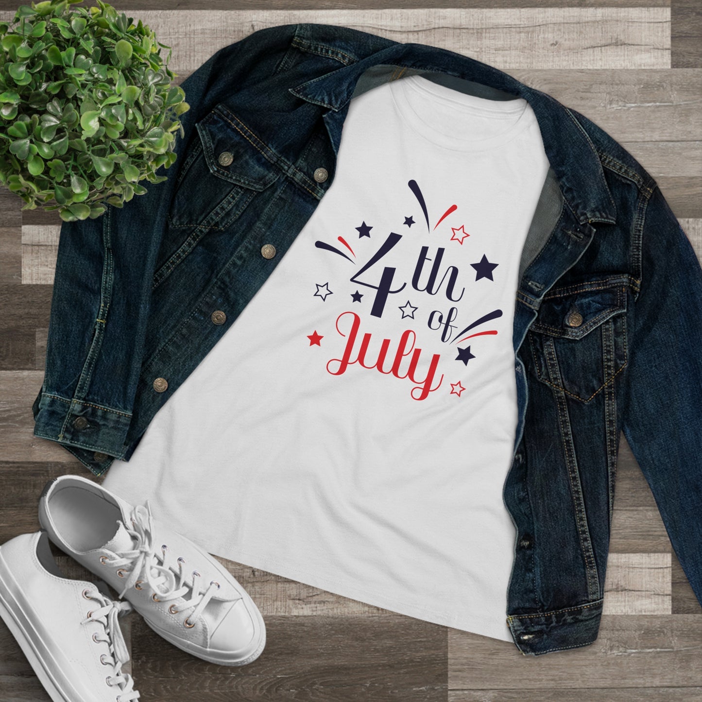 Mock up of the White t-shirt under a denim jacket