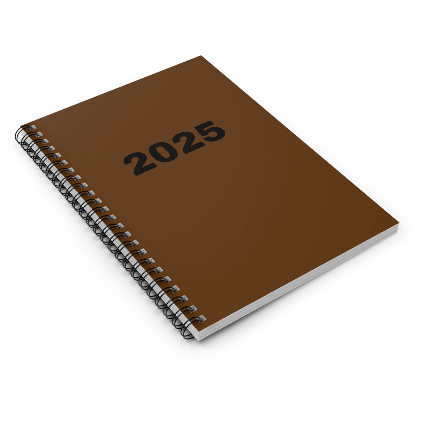 A compact 6x8 notebook from Printify with "2025" elegantly printed on its brown cover, featuring ruled lines and 118 pages.