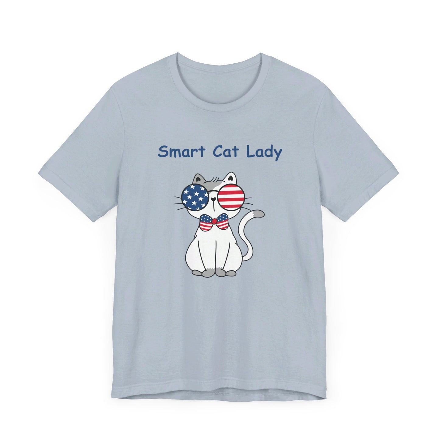 Printify's Unisex Smart Cat-Lady T-shirt: Available in four colors, this cotton Bella + Canvas tee features a patriotic graphic of a cat donning American flag-themed sunglasses and a bow tie. The text above the cat reads "Smart Cat Lady.