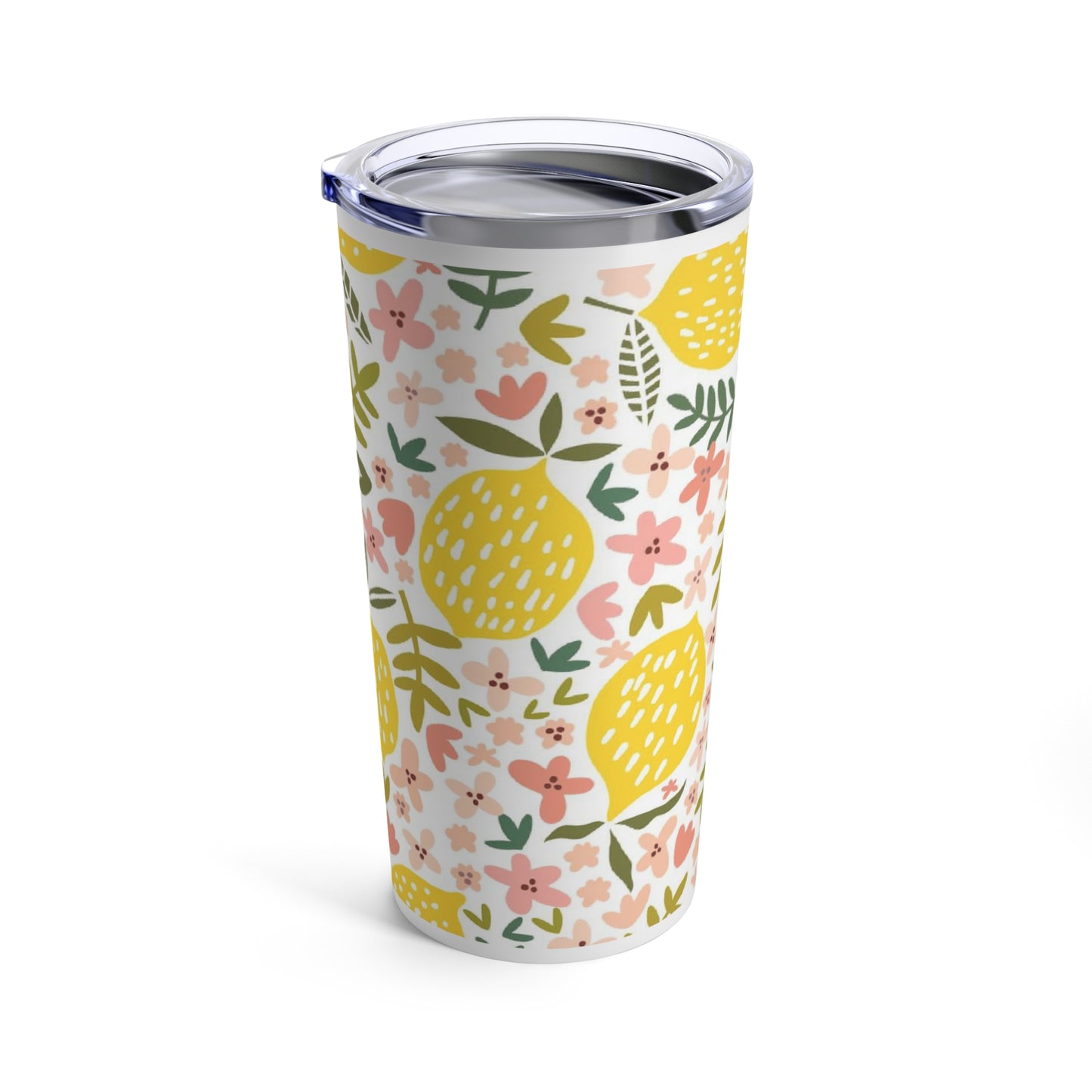 A Printify Pink Lemon Tumbler: 20 oz.; Insulated; Stainless steel with lemons and flowers on it, featuring dishwasher safe stainless steel construction.