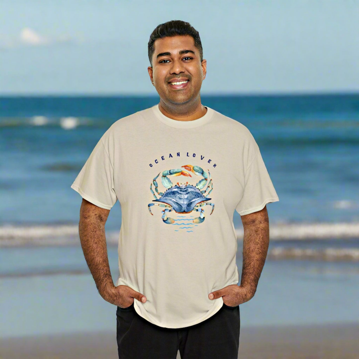 Mock up of a happy man wearing our Sand-colored shirt