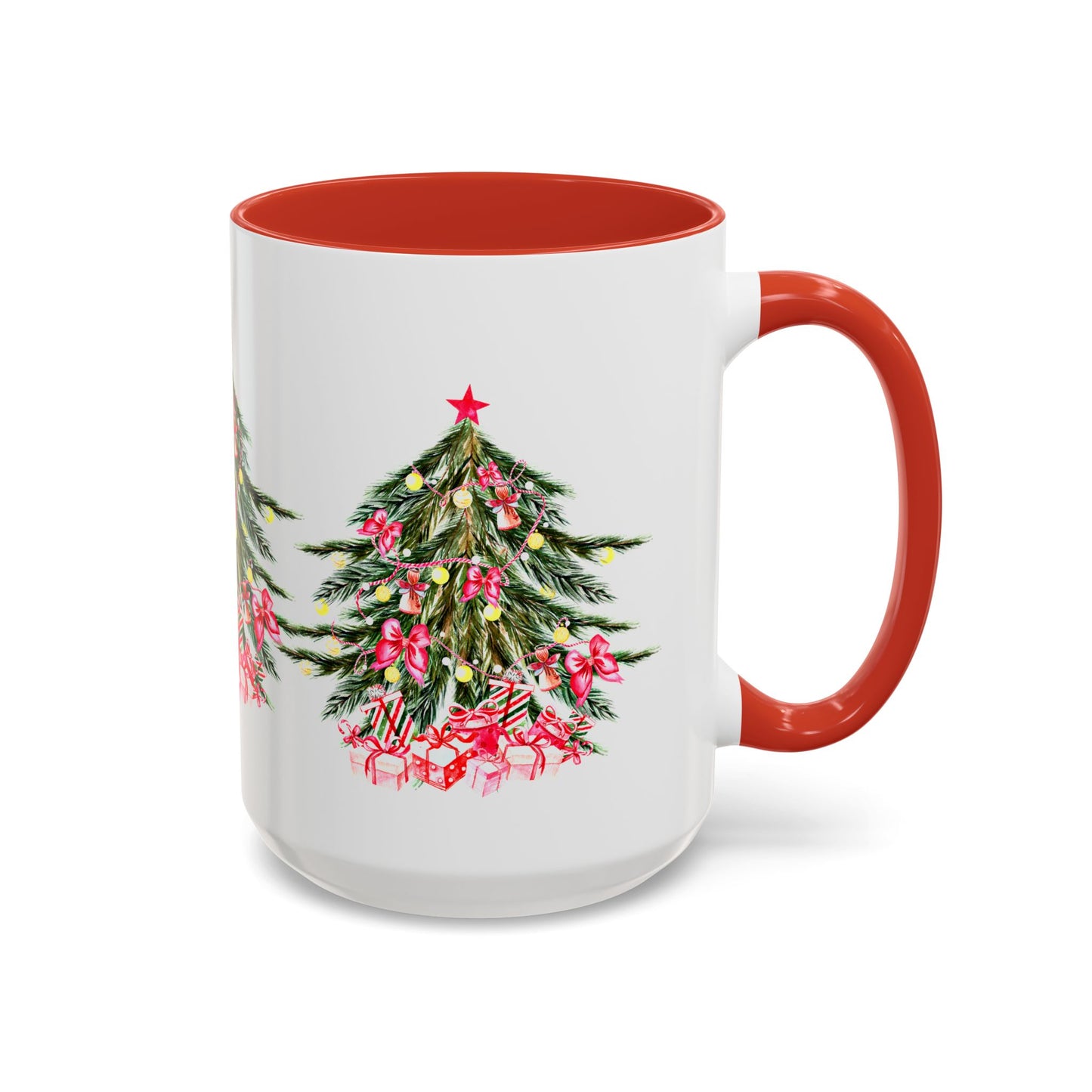 The Festive Christmas-Tree Coffee Mug from Printify is a ceramic 11/15 oz. mug featuring a white base with a red handle, decorated with festive bows, lights, and gifts—ideal for your holiday mornings.