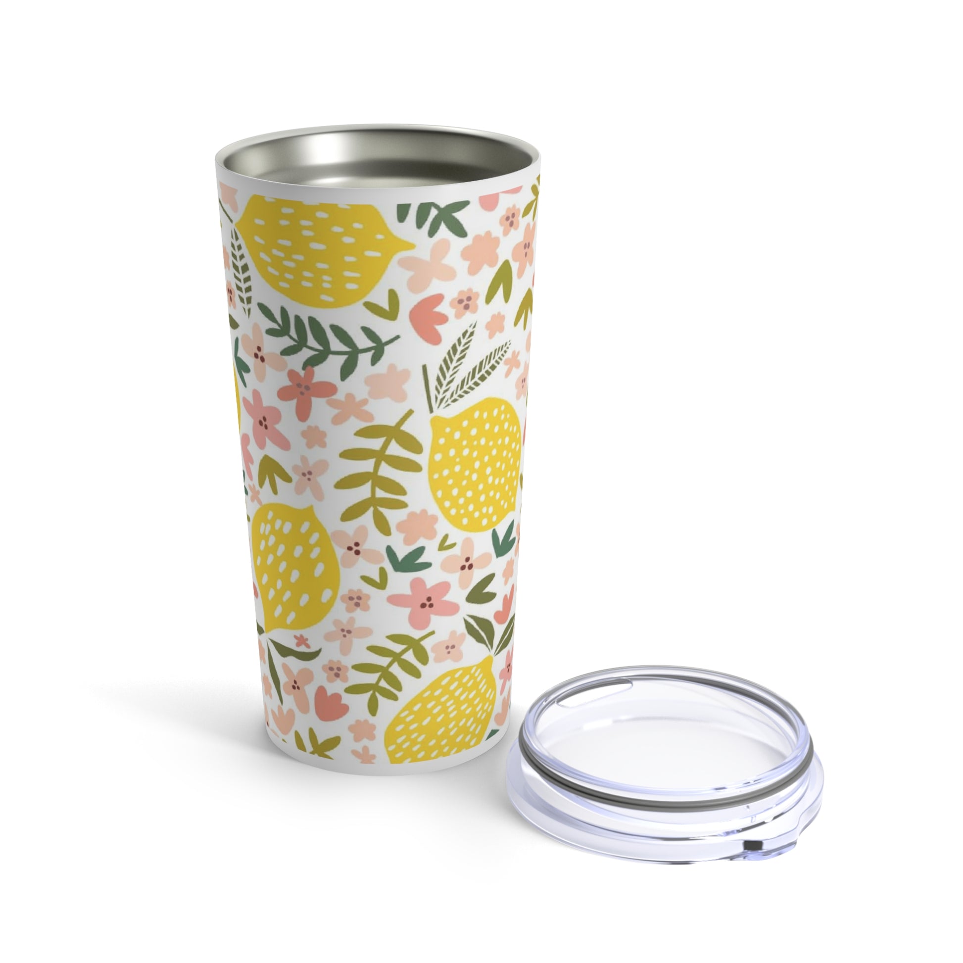 A Printify Pink Lemon Tumbler: 20 oz.; Insulated; Stainless steel with a lid that is dishwasher-safe.