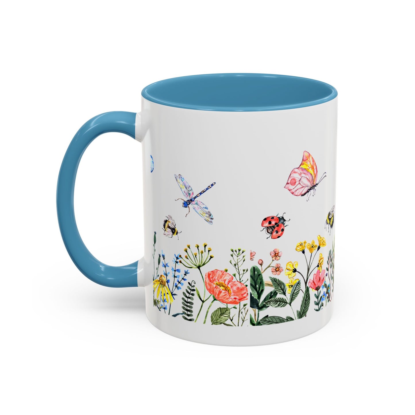 Printify's Colorful Spring Garden Mug (11 oz., ceramic) features vibrant flower, butterfly, and insect illustrations on a white backdrop with a blue handle and interior—ideal for garden enthusiasts.