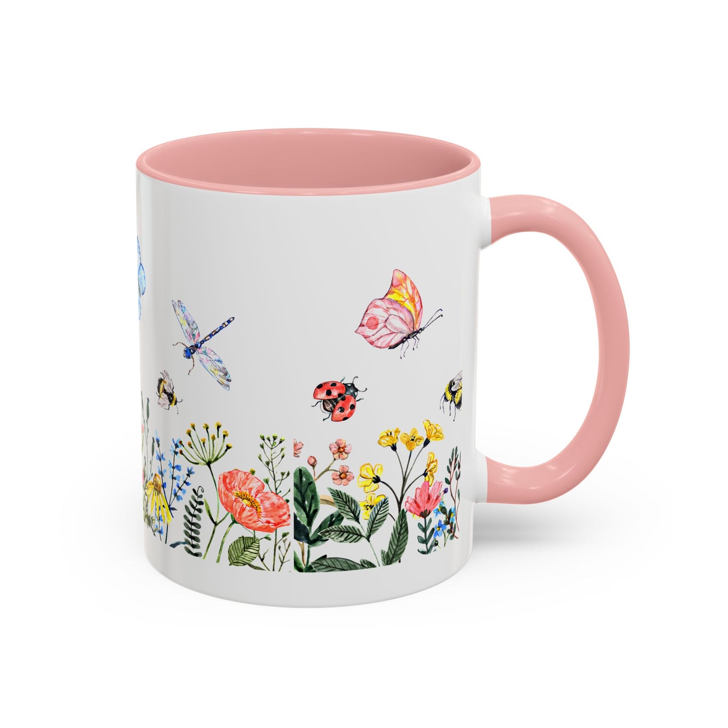 Introducing the Printify Colorful Spring Garden Mug—a ceramic 11 oz. cup featuring a vibrant AOP design with flowers, butterflies, a ladybug, a dragonfly, and a bee. Perfect for garden lovers who enjoy nature's charm each morning.