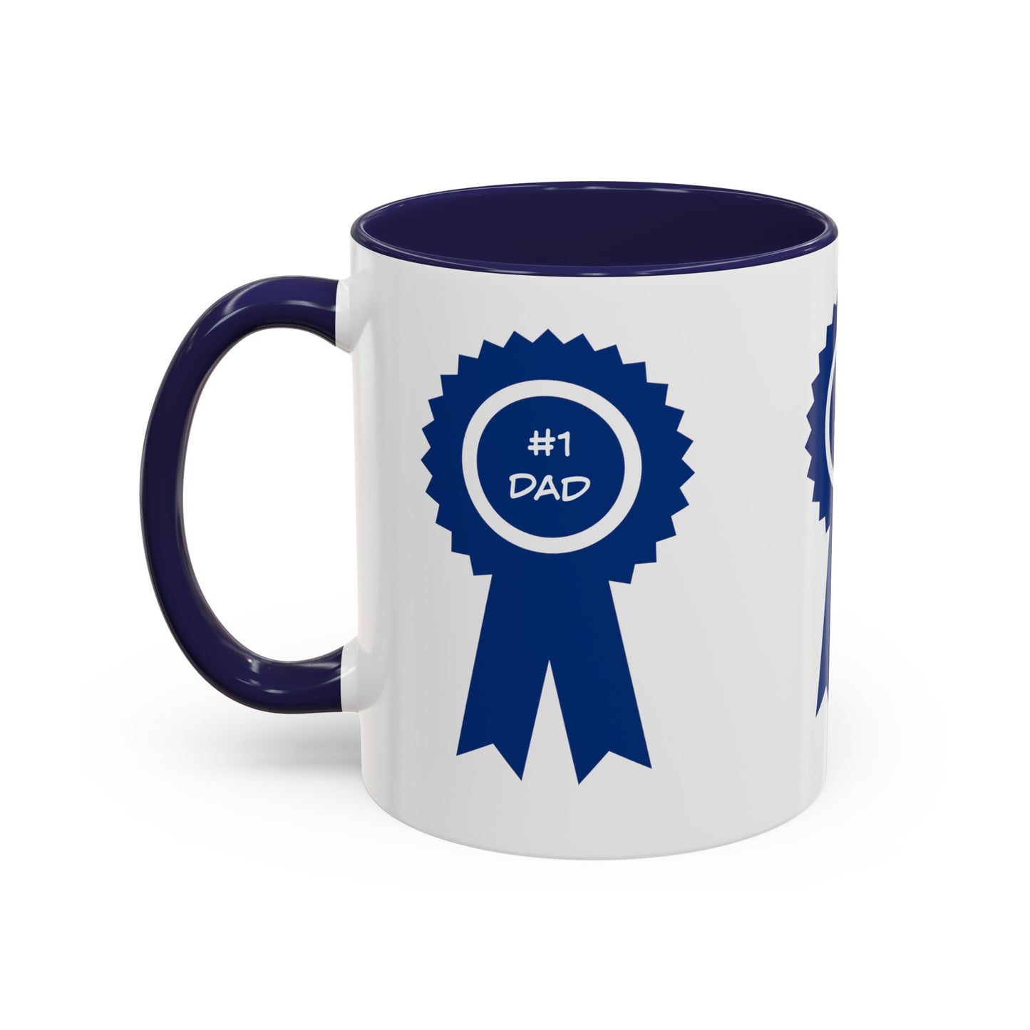 White mug with a dark blue handle featuring a blue ribbon graphic that reads "#1 Dad." This custom Printify Dad's Special Mug: Unisex; 11 oz, Ceramic; Accented graphics is dishwasher and microwave safe.