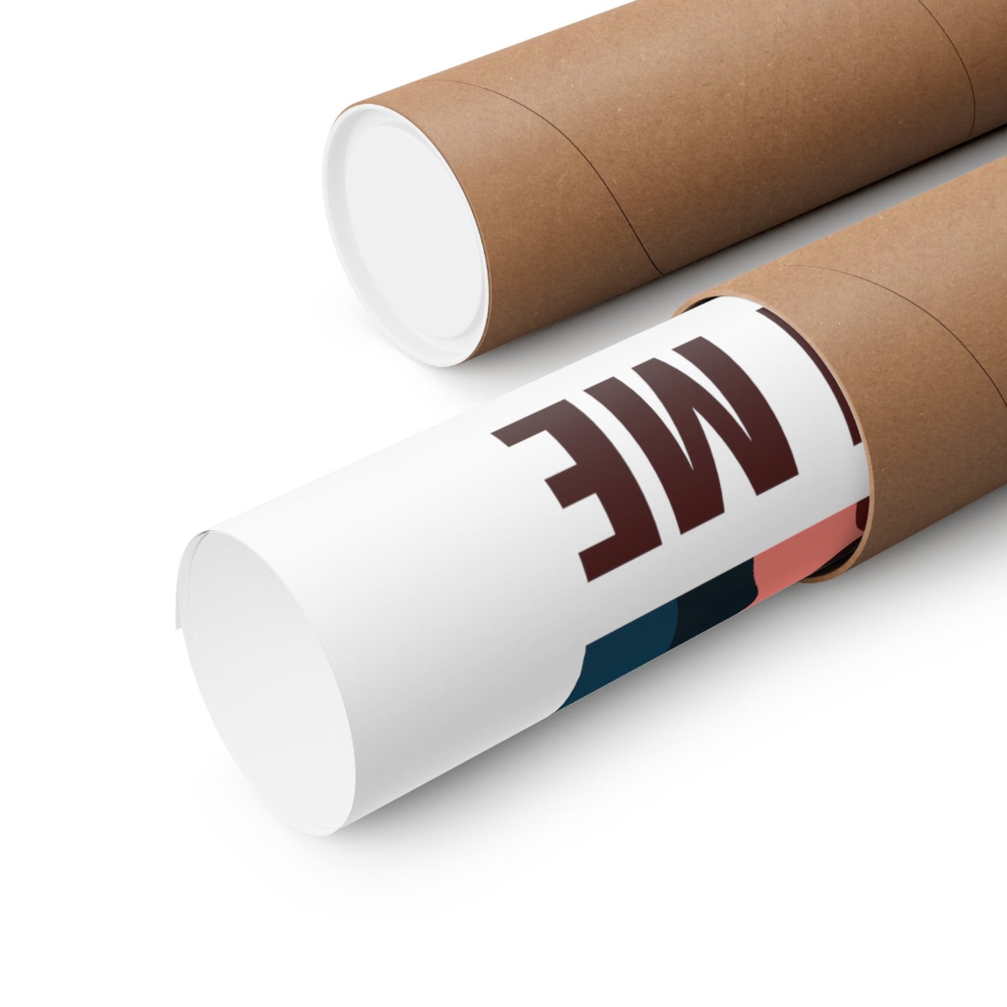 A partially visible rolled-up poster, Printify's Voting Womens Posters: 3 sizes; Vertical; Matte finish, being removed from a brown cylindrical tube container.