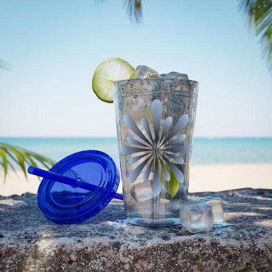 A Printify Blue Star-burst Tumbler with ice and lime slices on a rock, crafted from acrylic, crack-resistant material.