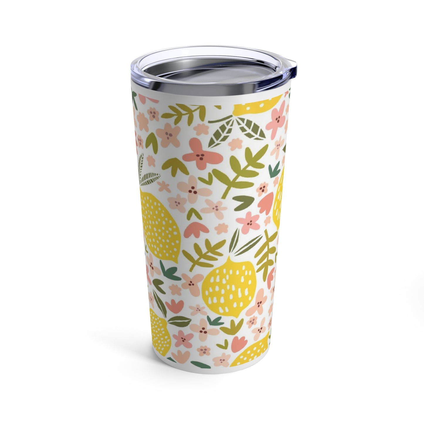 A Pink Lemon Tumbler from Printify with lemons and flowers on it.
