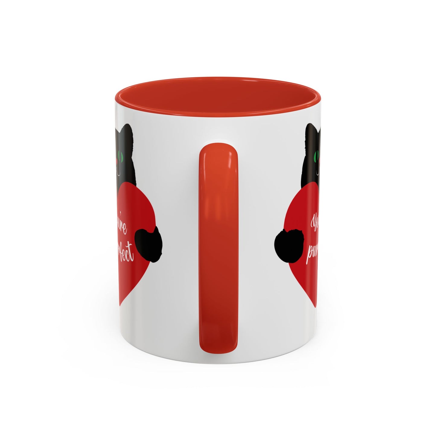 Meet the Purrfect Love Cat-Mug by Printify, an ideal gift for cat lovers. This ceramic mug features a charming black cat with a red heart and message "You're purrfect," against a white backdrop with a vivid red interior and handle. Available in 2 colors and sizes.