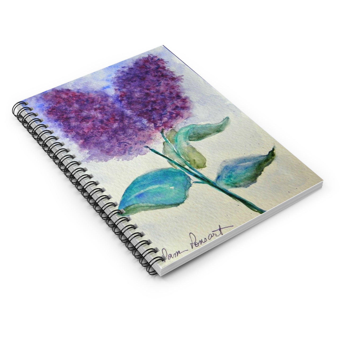 The Printify Purple Lilacs Notebook, sized 6" x 8" and spiral-bound, features a watercolor painting of purple lilacs with lush green leaves on its cover.