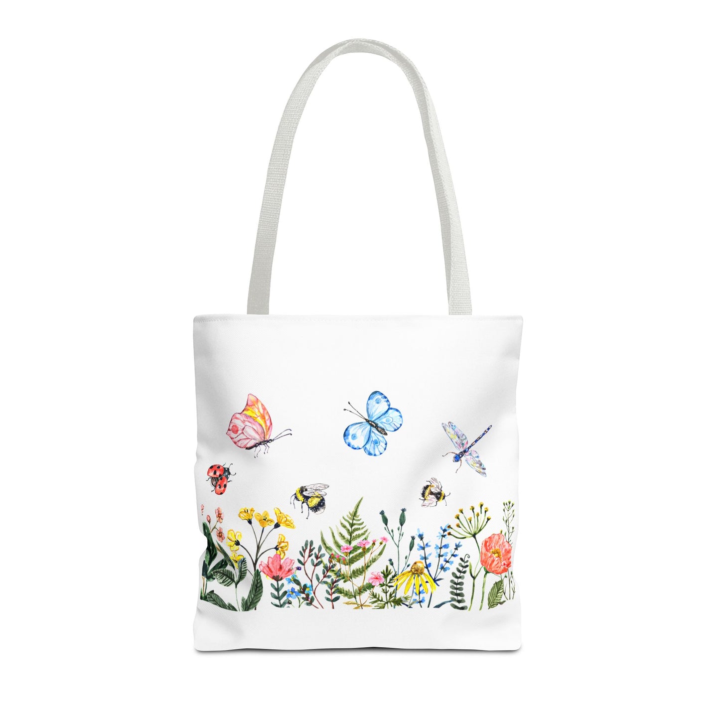 The Printify Spring Garden Tote Bag, made of polyester and available in three sizes, showcases a vibrant, double-sided design with butterflies, ladybugs, bees, snails, and diverse flowers on a white background. It's stylish and functional for outdoor activities.