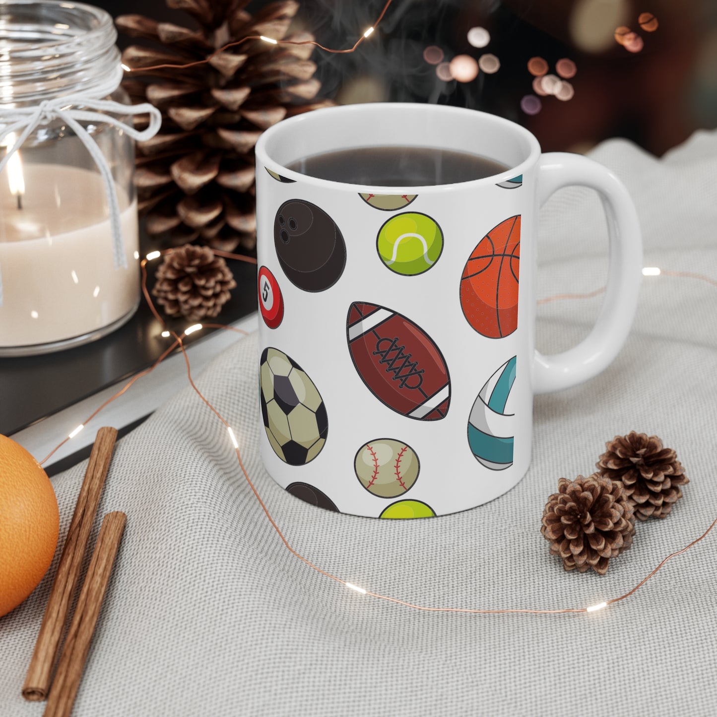 Sports-Fan Ceramic Mug: White; 11 oz.; Colorful graphics