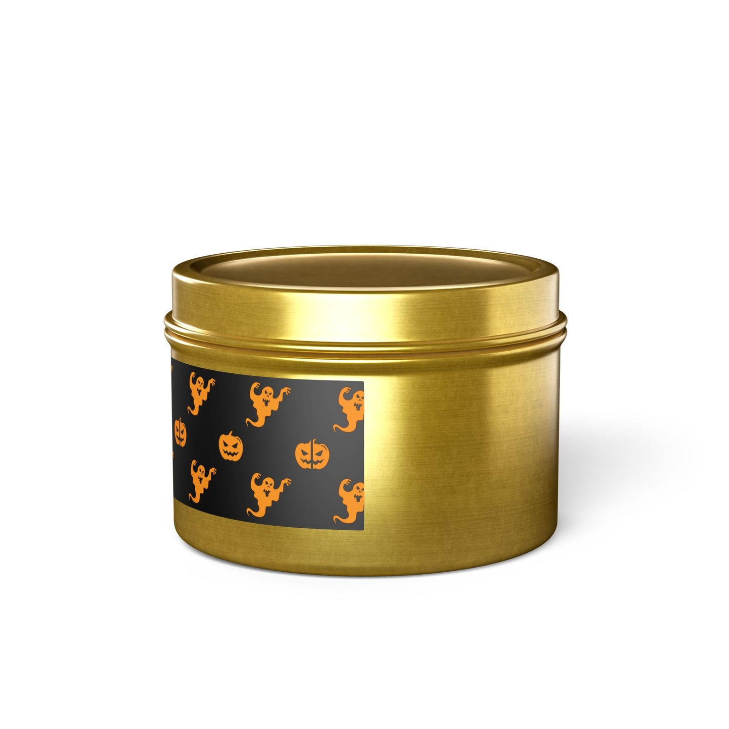 A gold tin can adorned with a black label showcasing orange ghost and pumpkin designs is ideal for festive scents. These Halloween Tin Candles by Printify are crafted with coconut soy wax to capture the Halloween spirit.