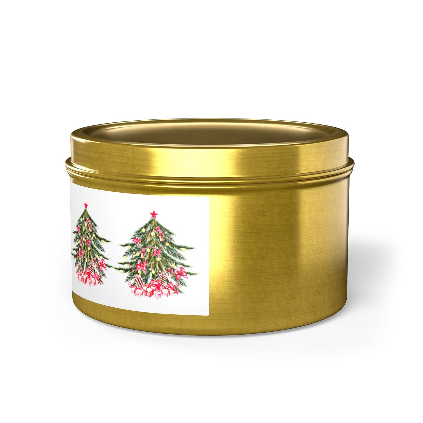 The Festive Christmas Tin-Candle by Printify features a beautiful gold tin adorned with a label showcasing two decorated Christmas trees. Available in two sizes and featuring an evergreen scent, this holiday candle is made with eco-friendly coconut soy wax. Once the festive season has passed, the reusable tin can be repurposed to hold cherished keepsakes or seasonal treats.