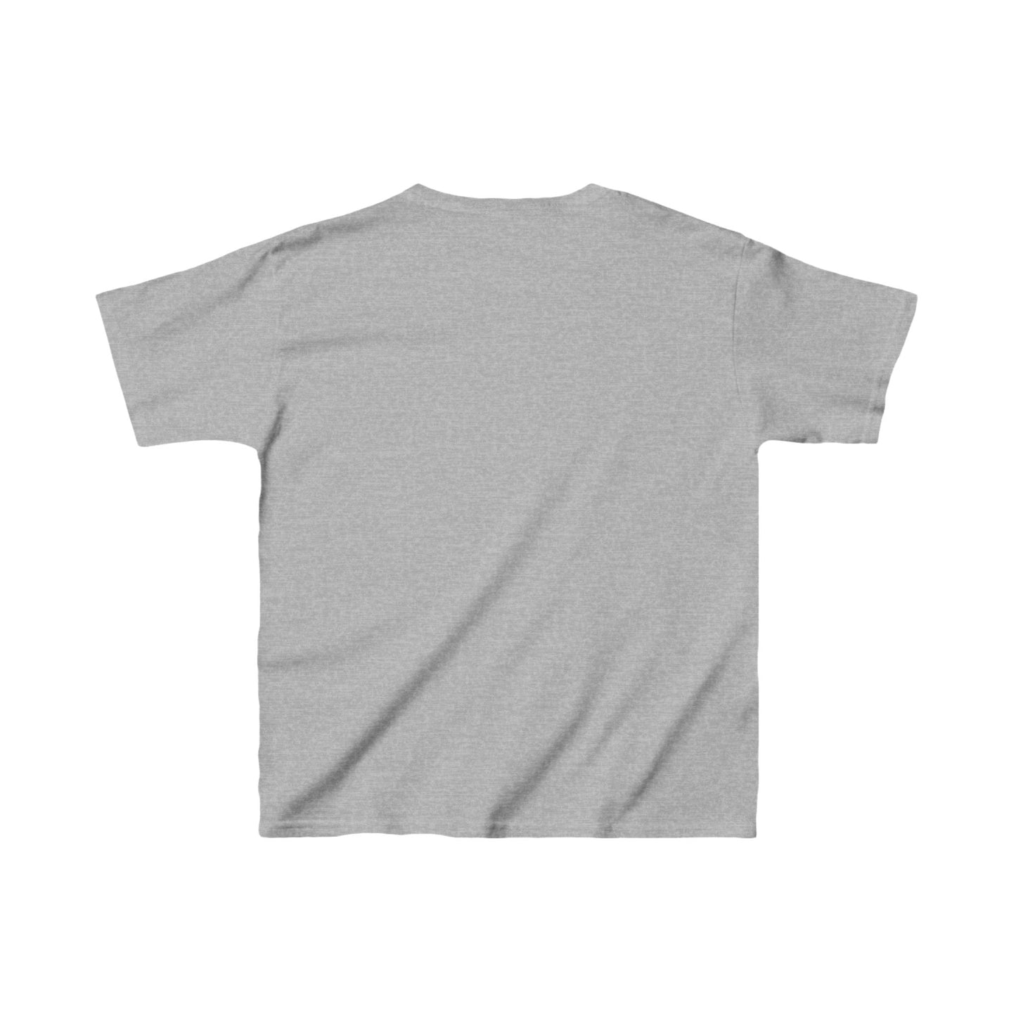 Back view of a plain gray Festive Kids Holiday T-shirt by Printify, crafted from ethically sourced cotton, on a white background.