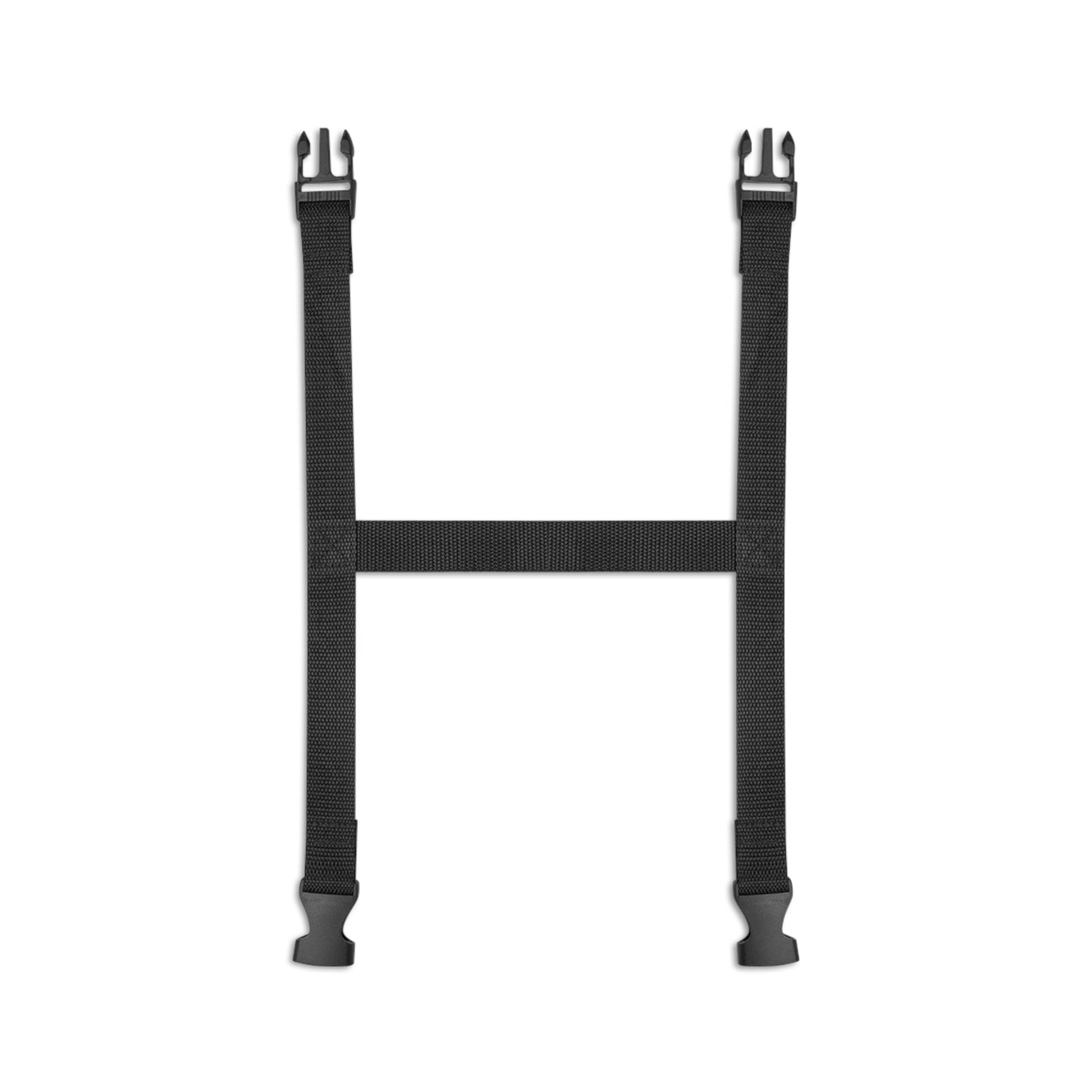 A black adjustable "H"-shaped strap with three plastic buckles is perfect for securing your Portable Picnic Blanket by Printify, a 61" x 51" polyester and fleece item, during outdoor gatherings.