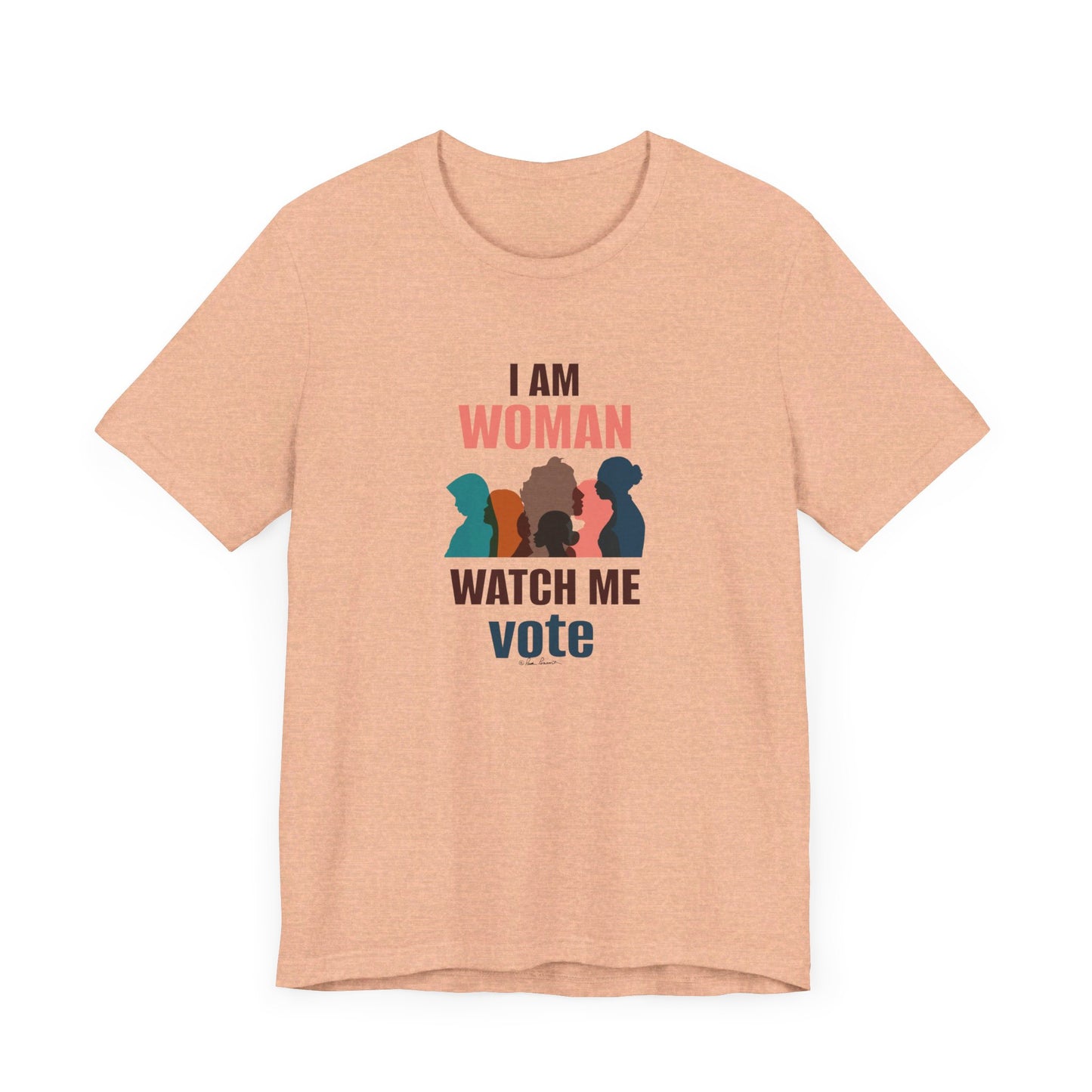 The beige Bella + Canvas t-shirt, offered by Printify and crafted from 100% Airlume combed and ringspun cotton, features the powerful text "I Am Woman, Watch Me Vote" alongside silhouettes of three women in different colors. This Voting Women's T-shirt blends comfort with a strong statement.