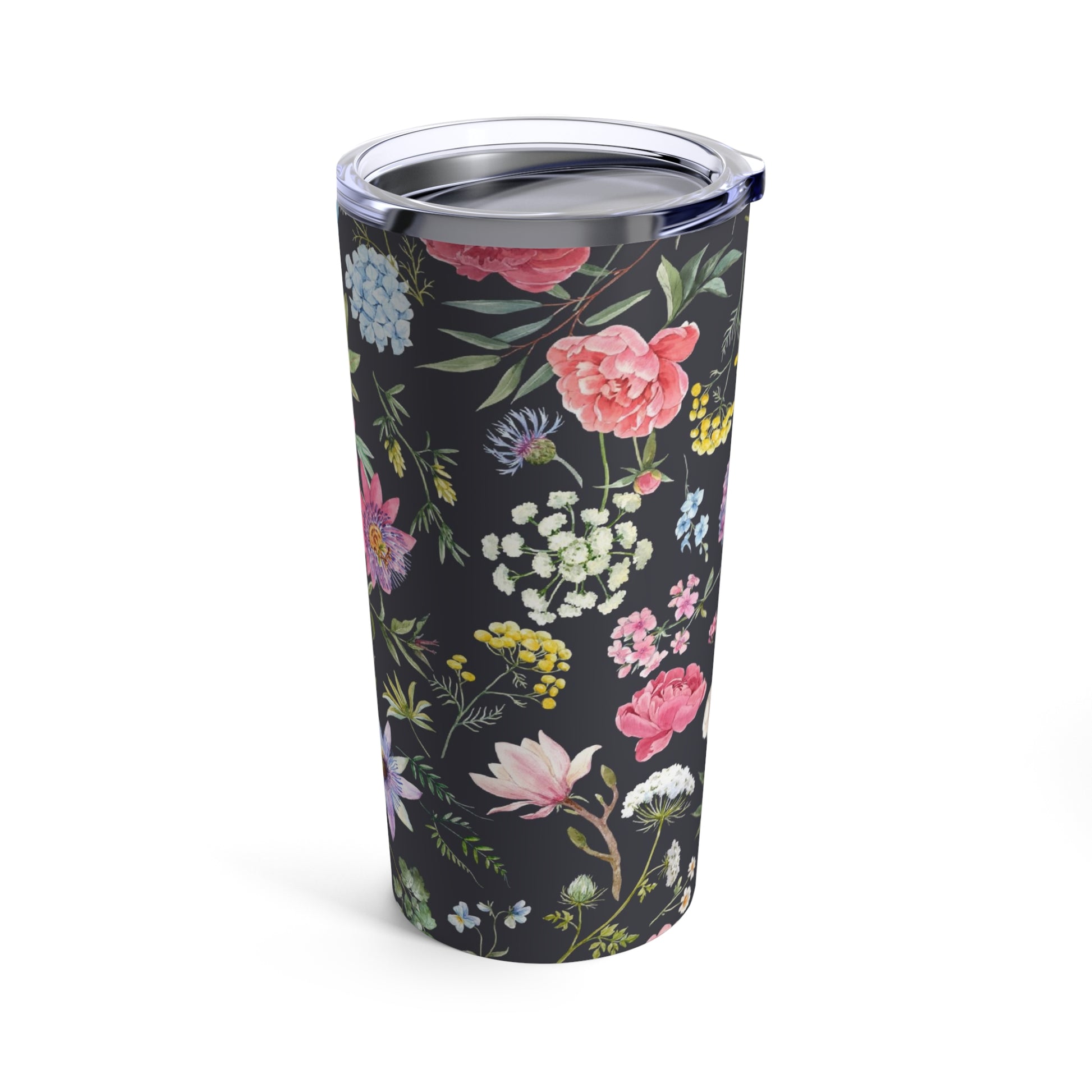 A black and white Flower Garden Tumbler: 20 oz., Stainless steel; Insulated cup with flowers on it, dishwasher safe. (Printify)