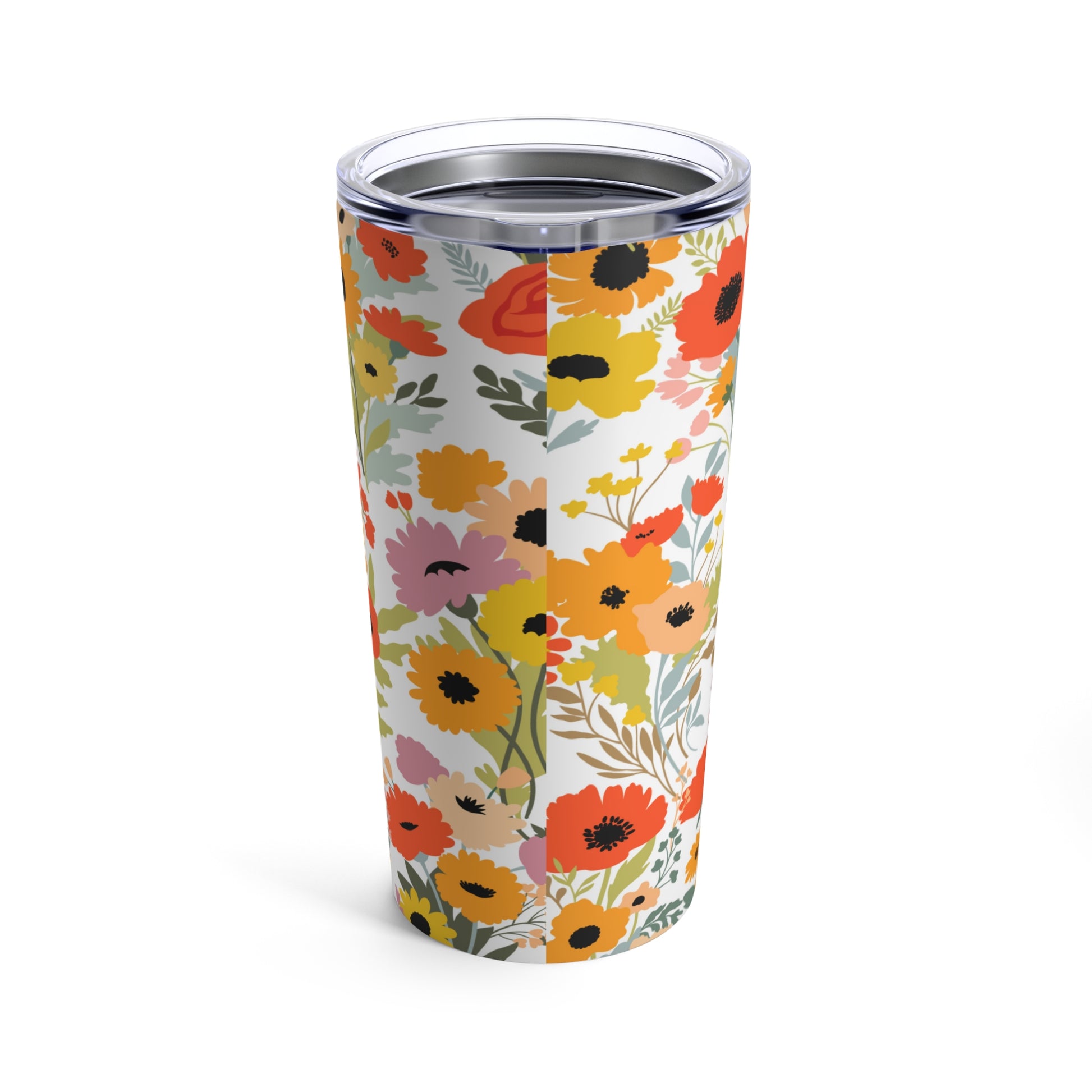 A colorful Printify Summer Flowers Tumbler with flowers on it, featuring stainless steel construction.