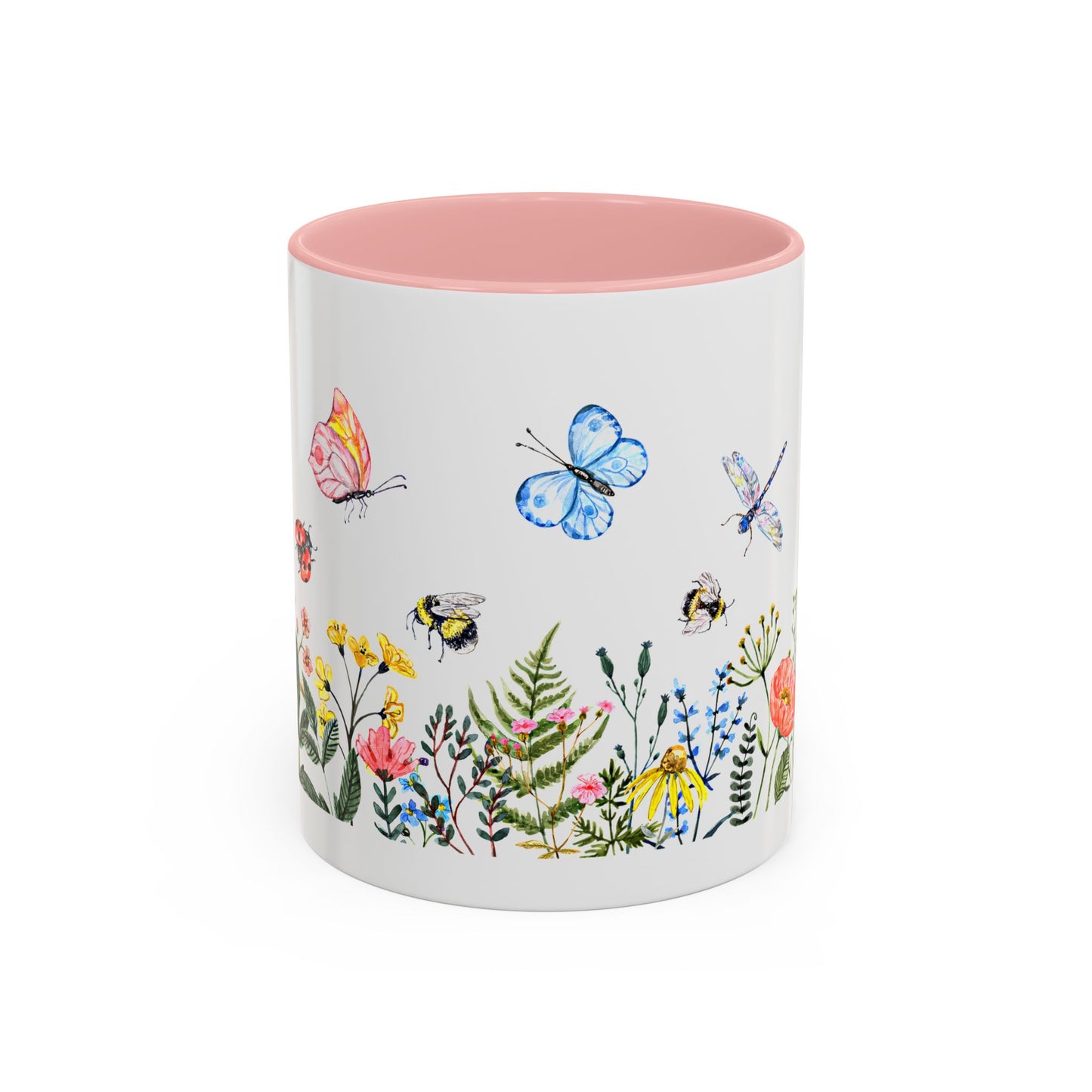 Discover Printify's 11 oz. Colorful Spring Garden Mug, featuring a vivid AOP design with butterflies, bees, and wildflowers. The ceramic mug has a pink interior and is ideal for garden lovers, making every drink feel like a springtime delight.