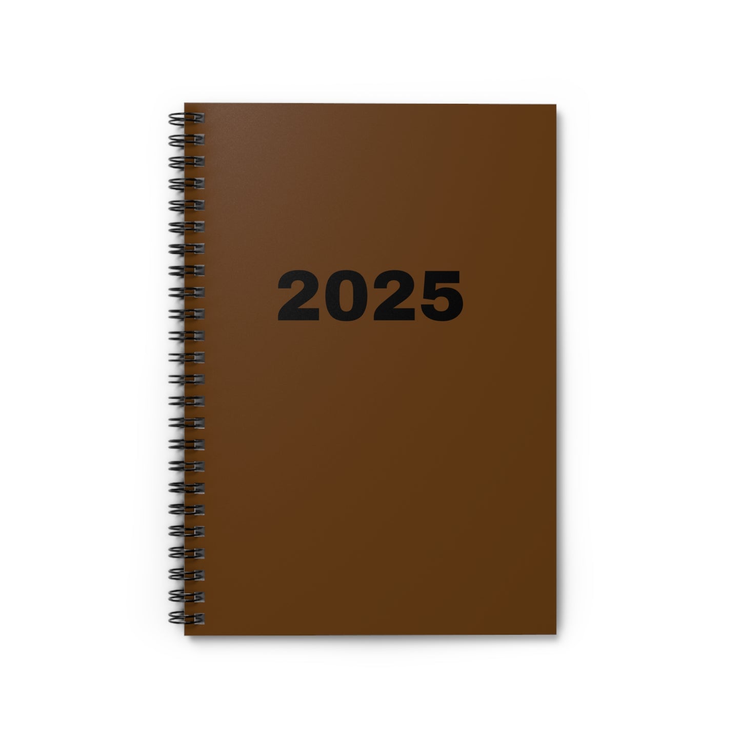 The Printify Stylish 2025 Spiral Notebook offers ruled lines on 118 pages in a compact 6x8 size, featuring "2025" elegantly printed on its brown cover.